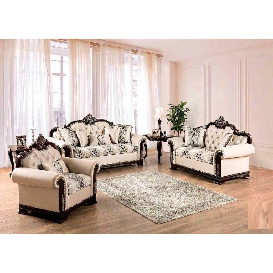 Beige Finish Carved Details Traditional Tufted Sofa Set