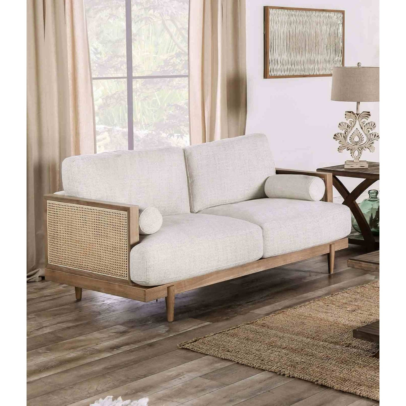 Beige Finish Solid Wood Frame Loveseat Rattan Details 1Pc