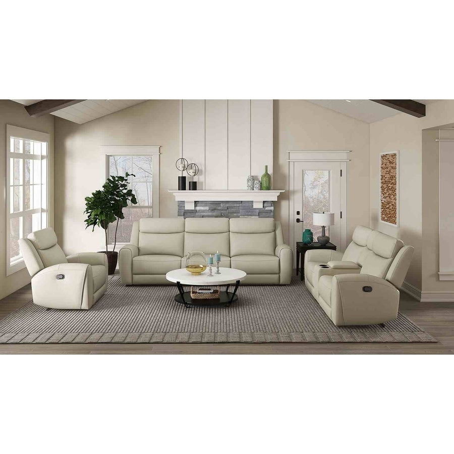 Beige Finish Top Grain Leather Sofa Recliner Set Fully Upholstered