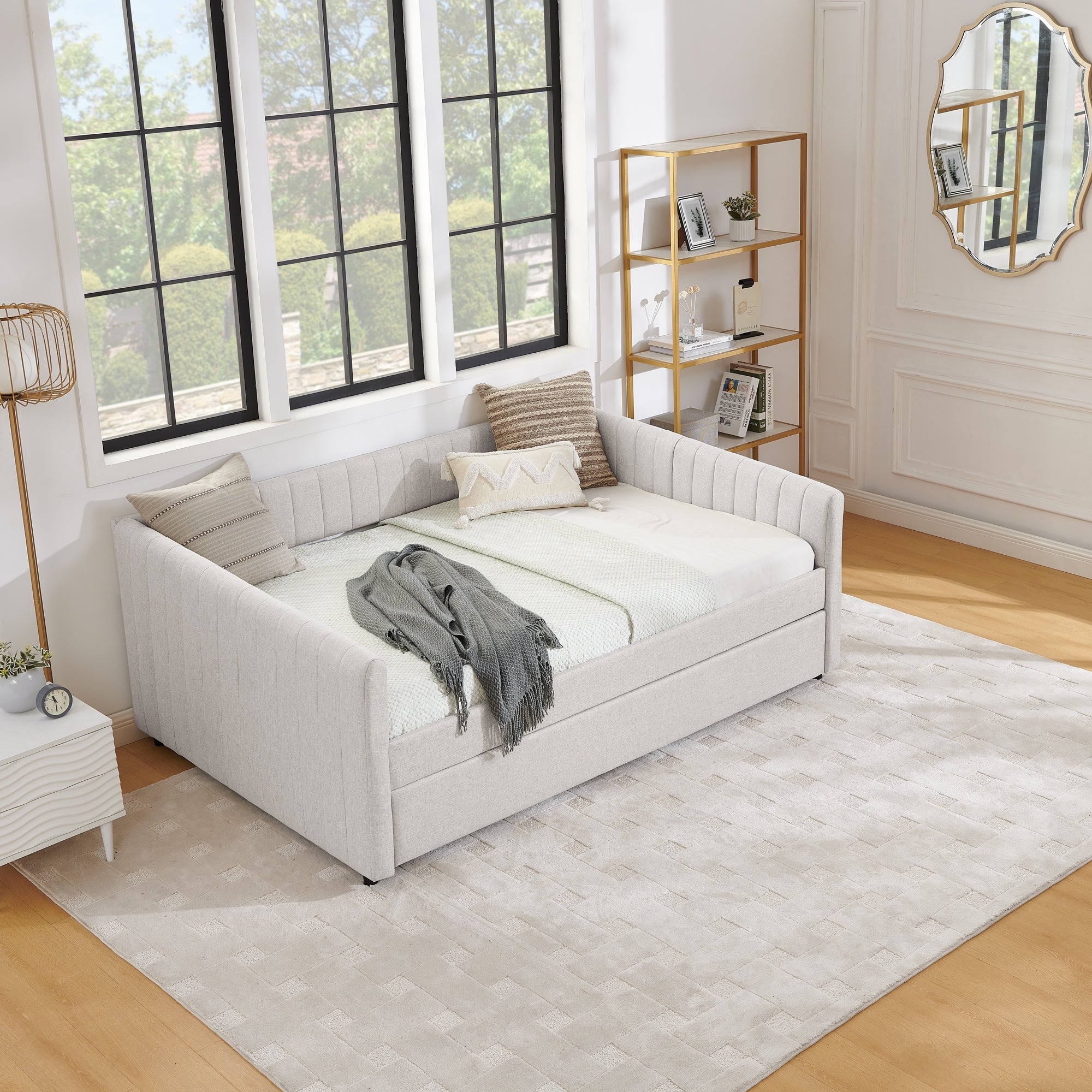 Beige Full Size Daybed Upholstered Sofa Bed With Trundle Bed