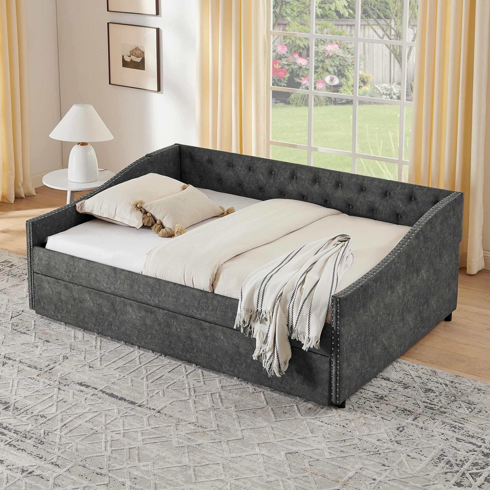 Beige Full Size Daybed With Usb Charging Extendable Bed