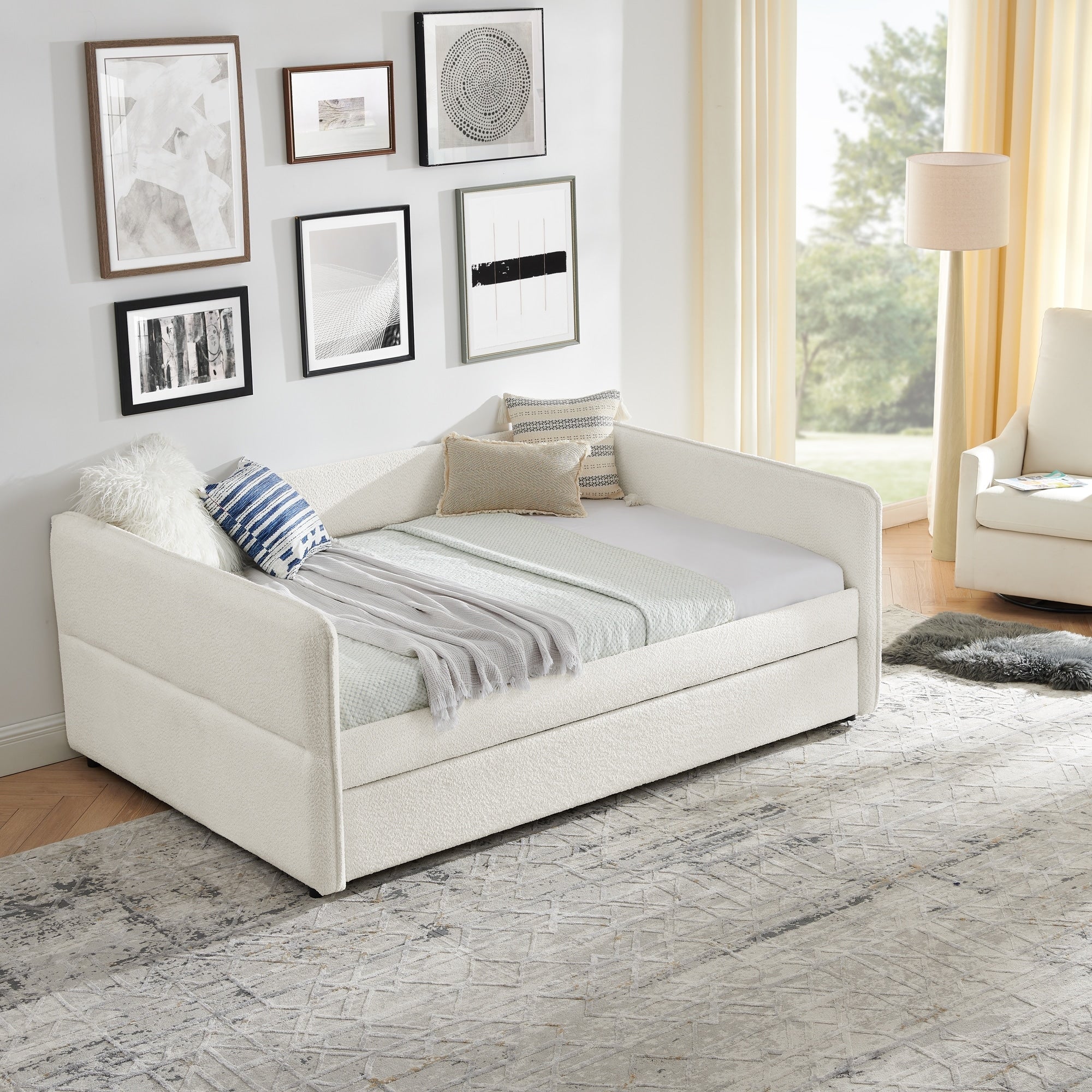 Beige Full Size Platform Bed Frame Daybed With Trundle Bed