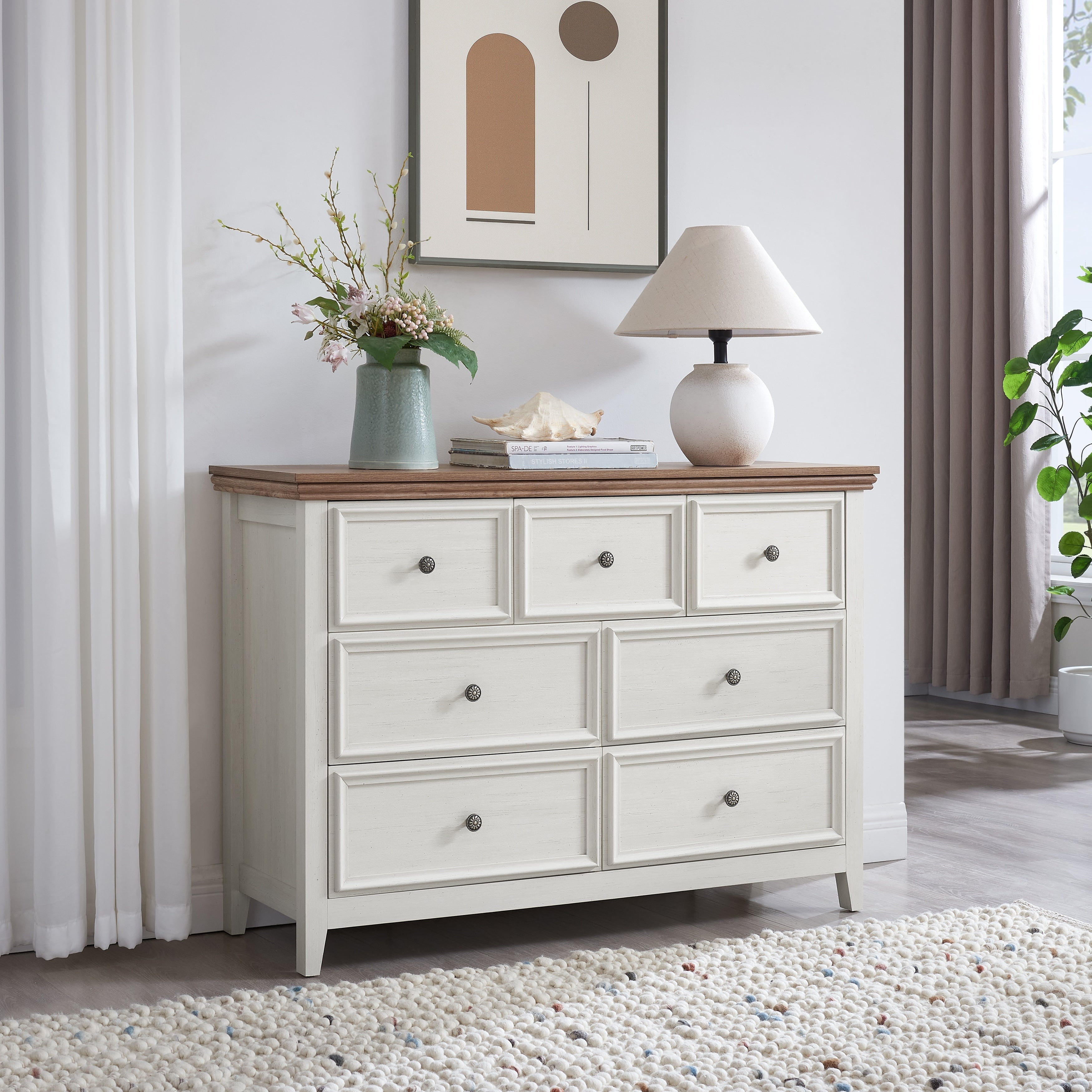 Beige Modern 7 Drawer Dresser Spacious Clothes Storage Cabinet