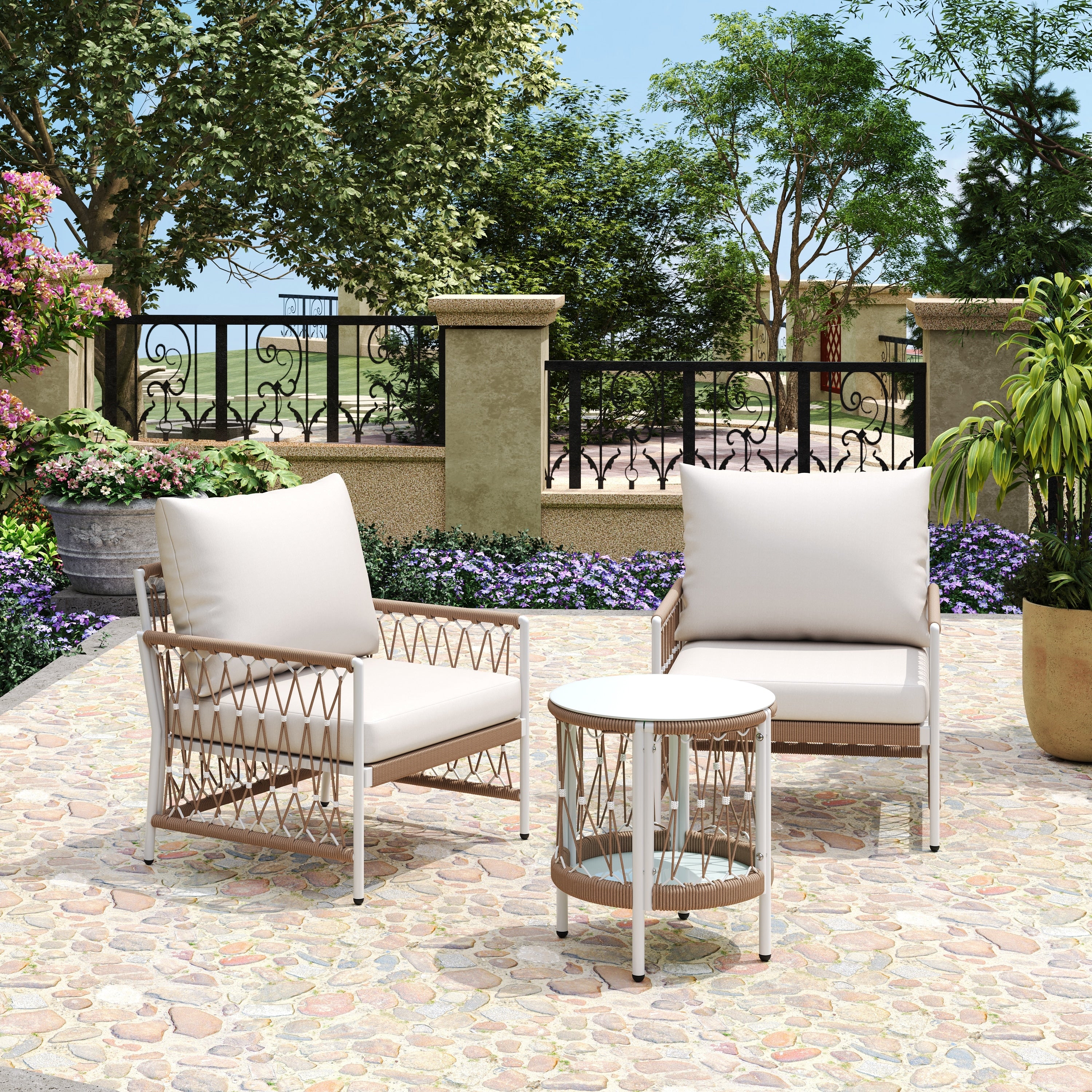 Beige Natural Outdoor Conversation Set With Side Table Upholstered Club Chair Patio Chat Set With Steel Frame