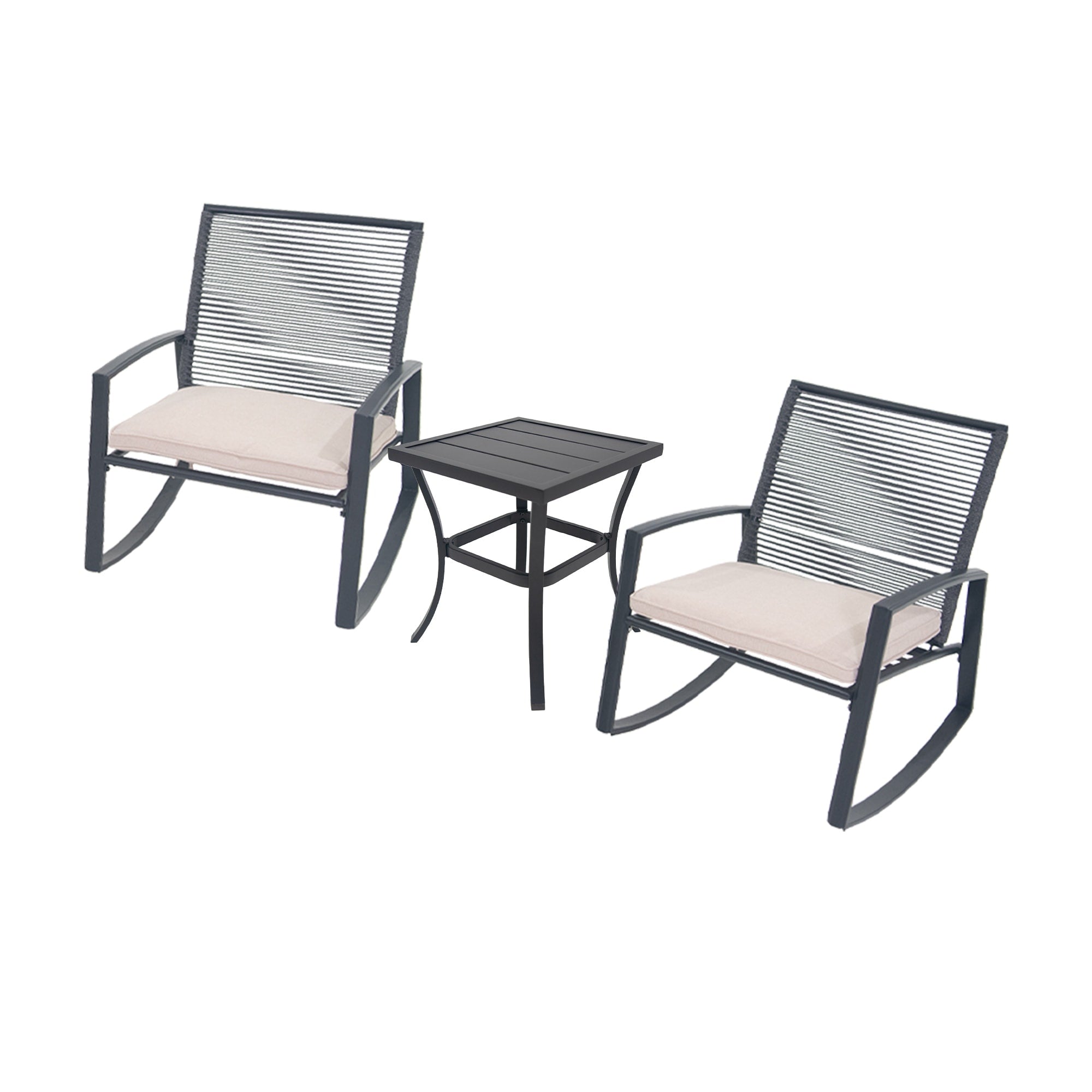 Beige Outdoor Bistro Set With Coffee Chairs Side Table Patio Conversation Set With Upholstered Cushions