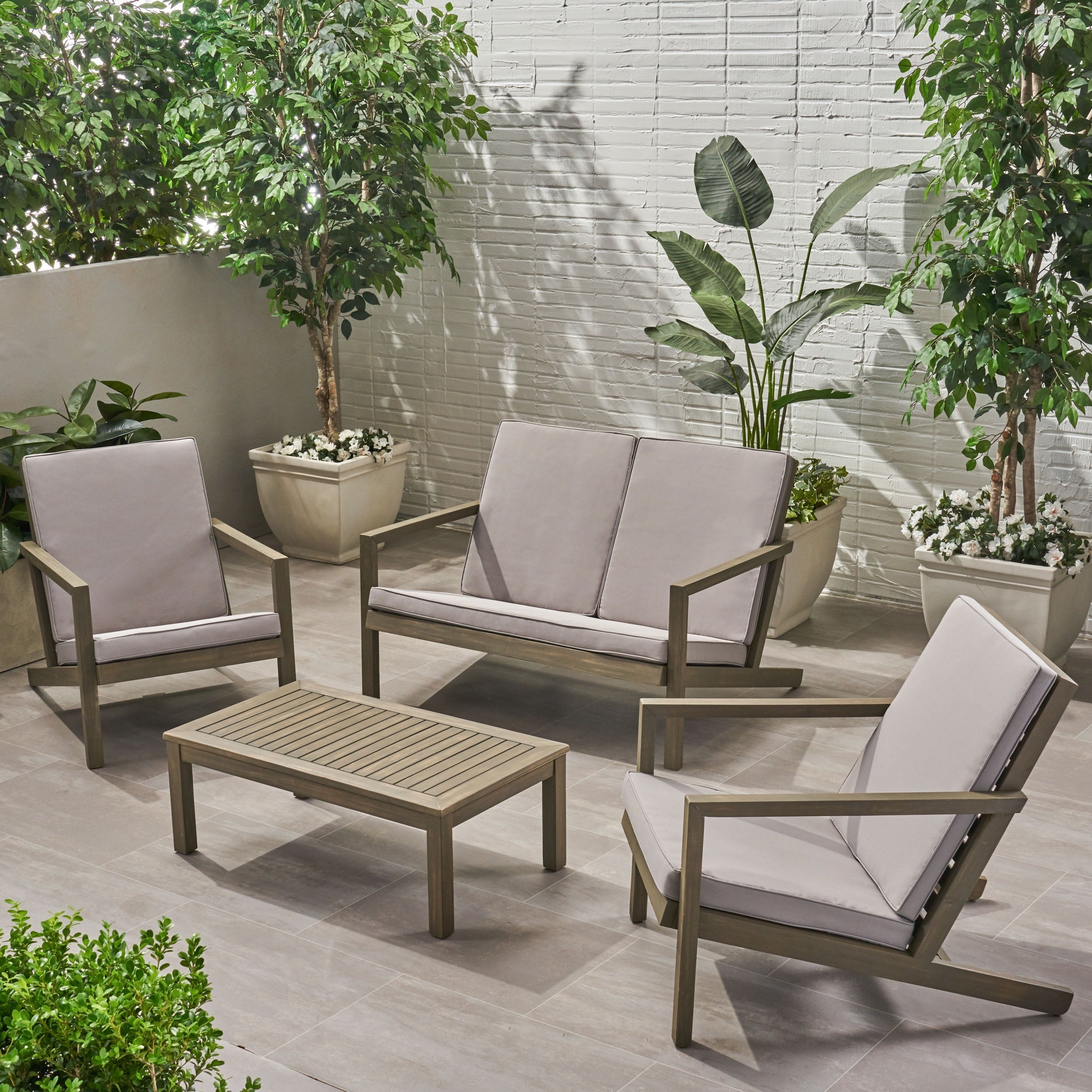 Beige Outdoor Wooden Chat Set With 2 Club Chairs Patio Conversation Set With Loveseat Coffee Table