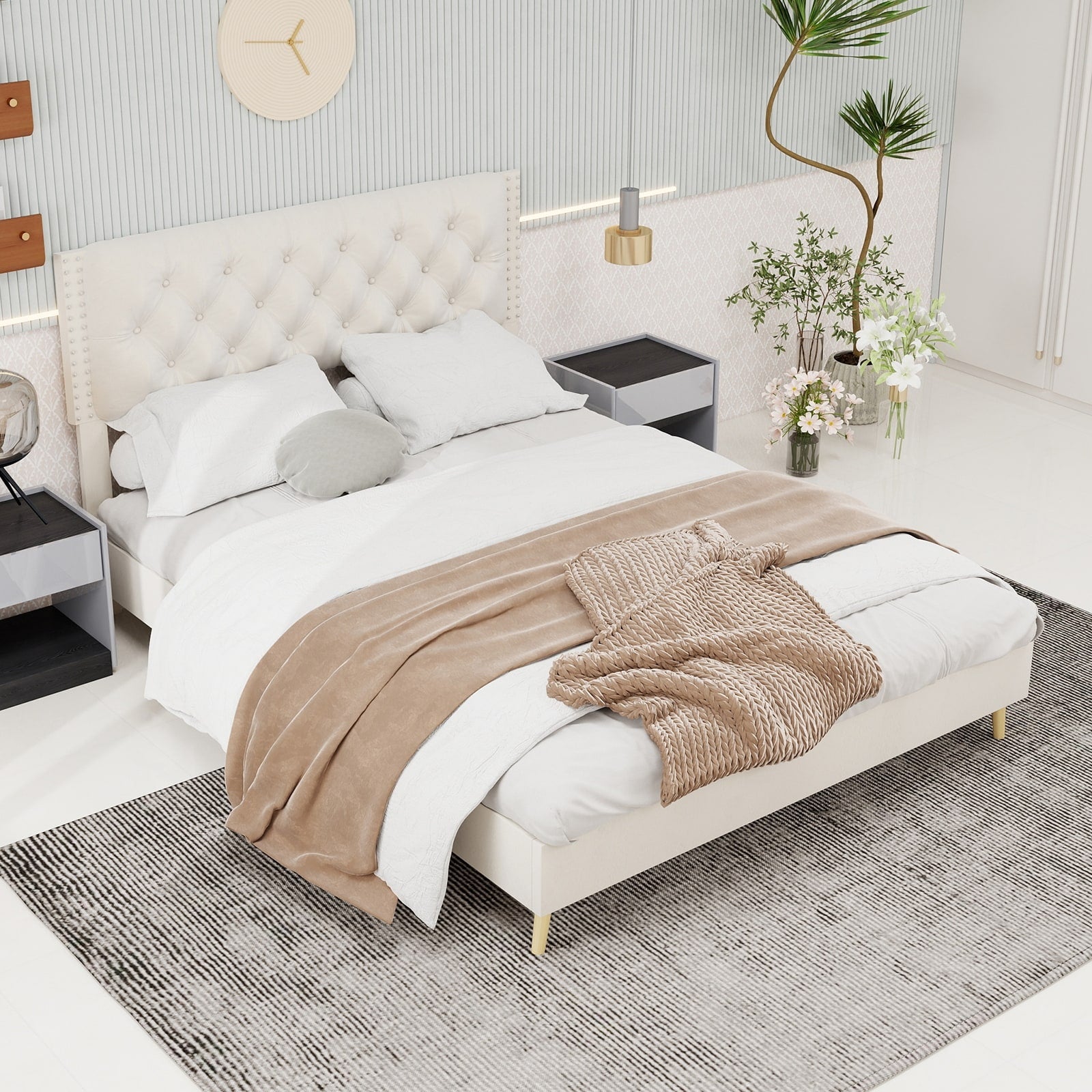 Beige Queen Size Platform Bed Frame With Upholstered Headboard
