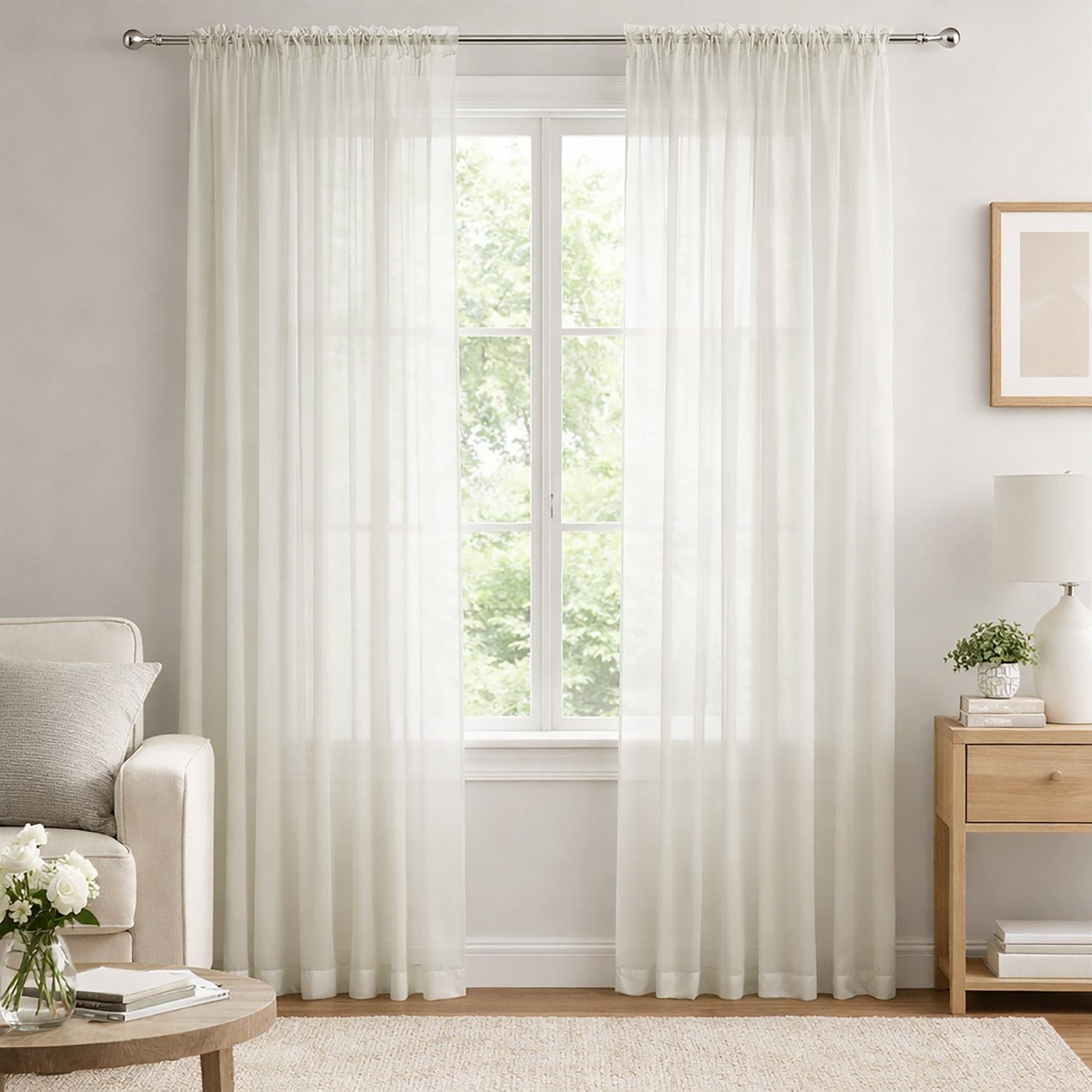 Beige Sheer Window Rod Pocket Curtain Set 90 Inches Long 2 Panels
