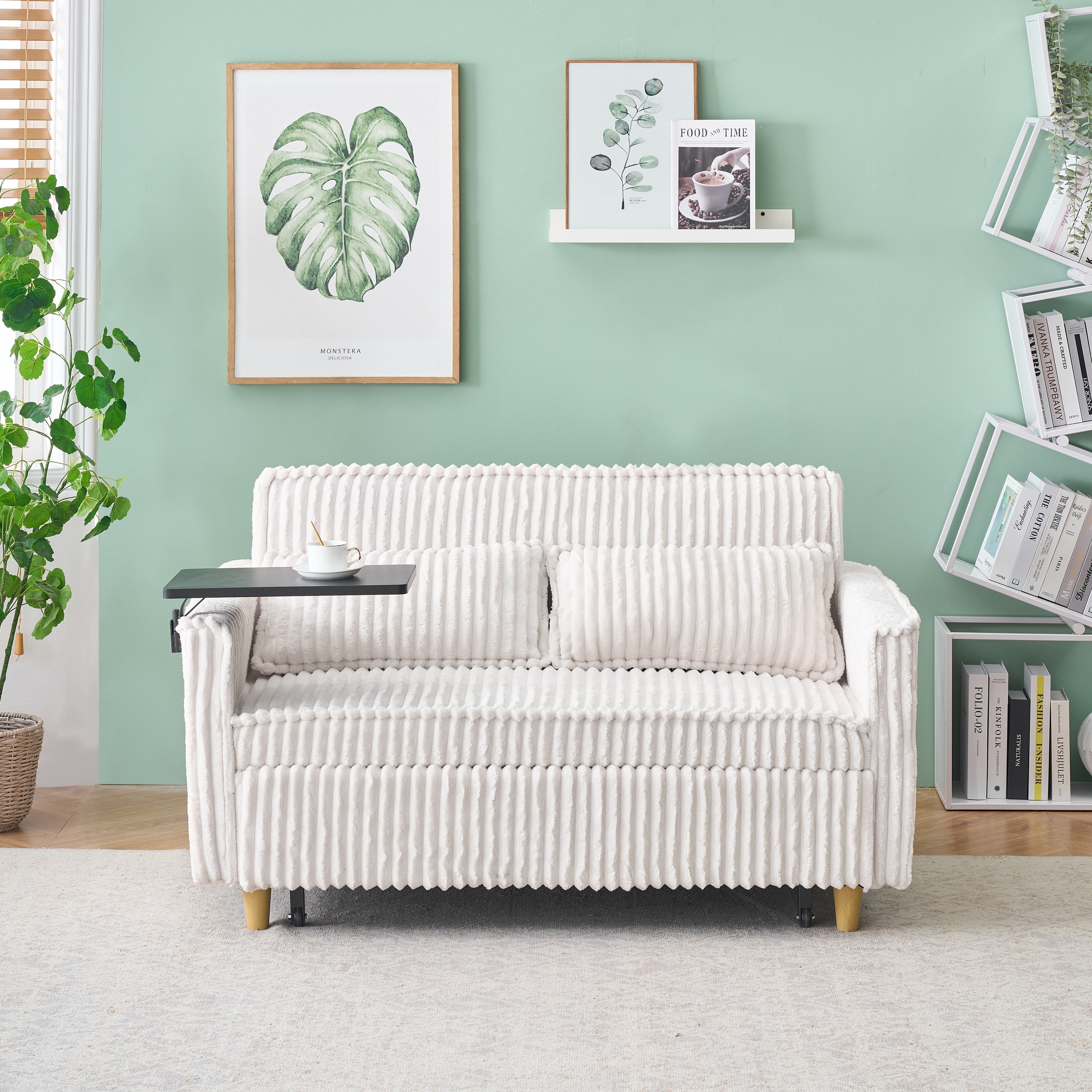 Beige Sleeper Sofa Folding Loveseat With 2 Pillows Usb Charging Convertible Sofa Bed Multi Functional Loveseat