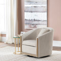 Beige Swivel Accent Arm Chair With Brown Solid Wood Frame