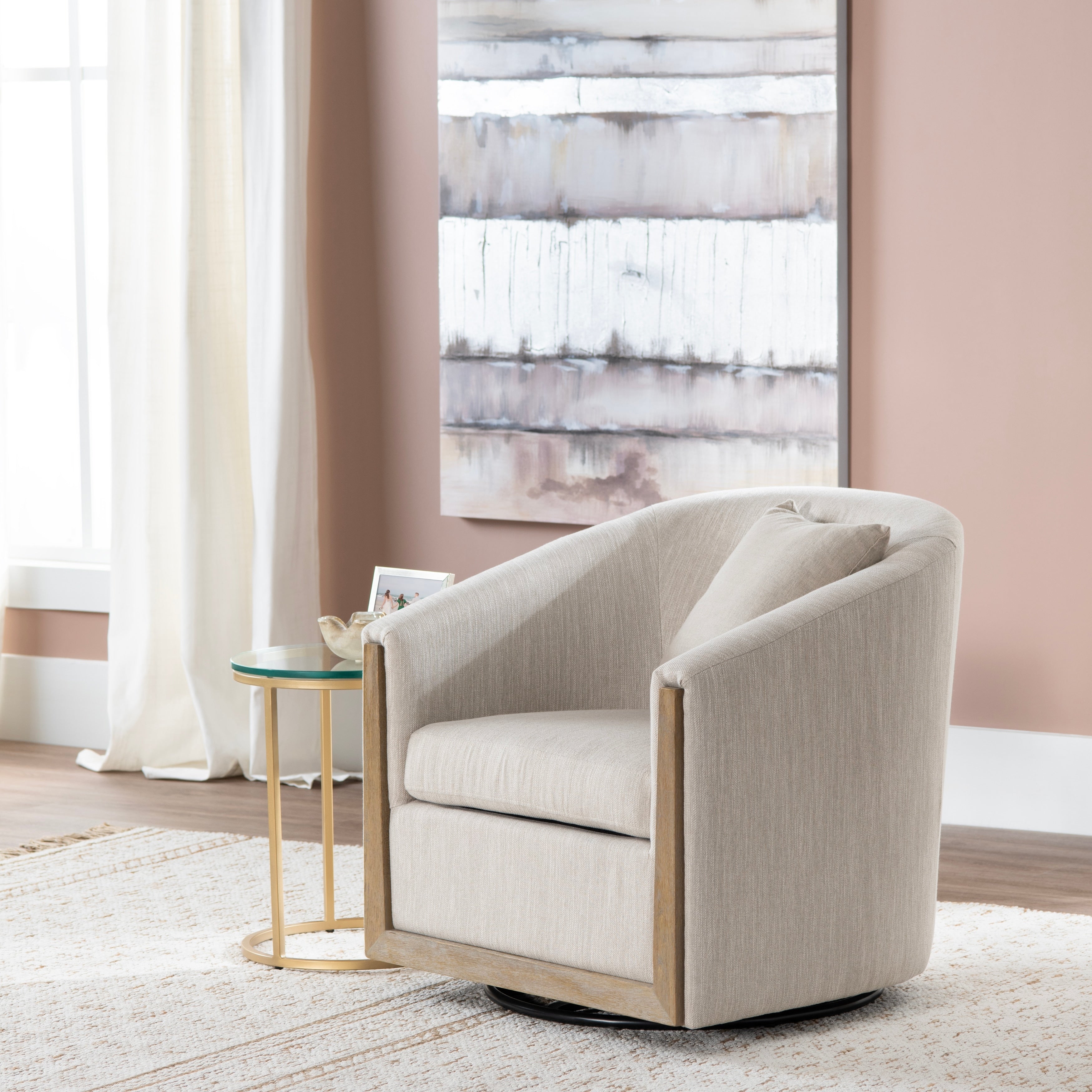 Beige Swivel Accent Arm Chair With Brown Solid Wood Frame