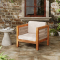 Beige Teak Outdoor Club Chair Upholstered Arm Chair With Wicker Armrest Coffee Chair Reception Chair Side Chair