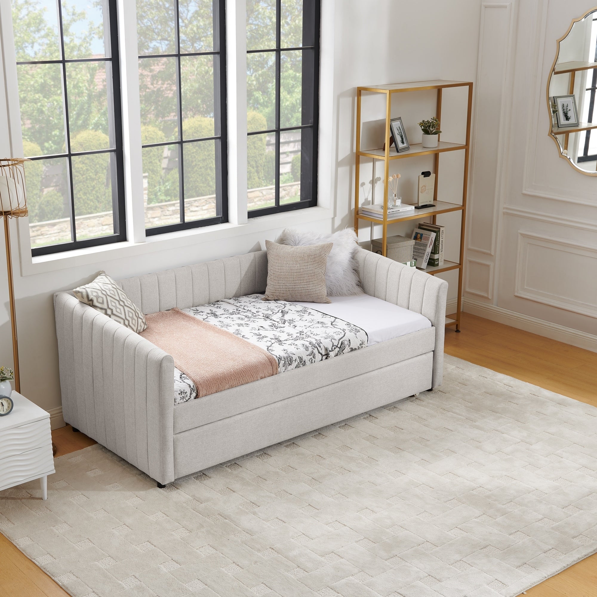 Beige Twin Size Daybed Upholstered Sofa Bed With Trundle Bed