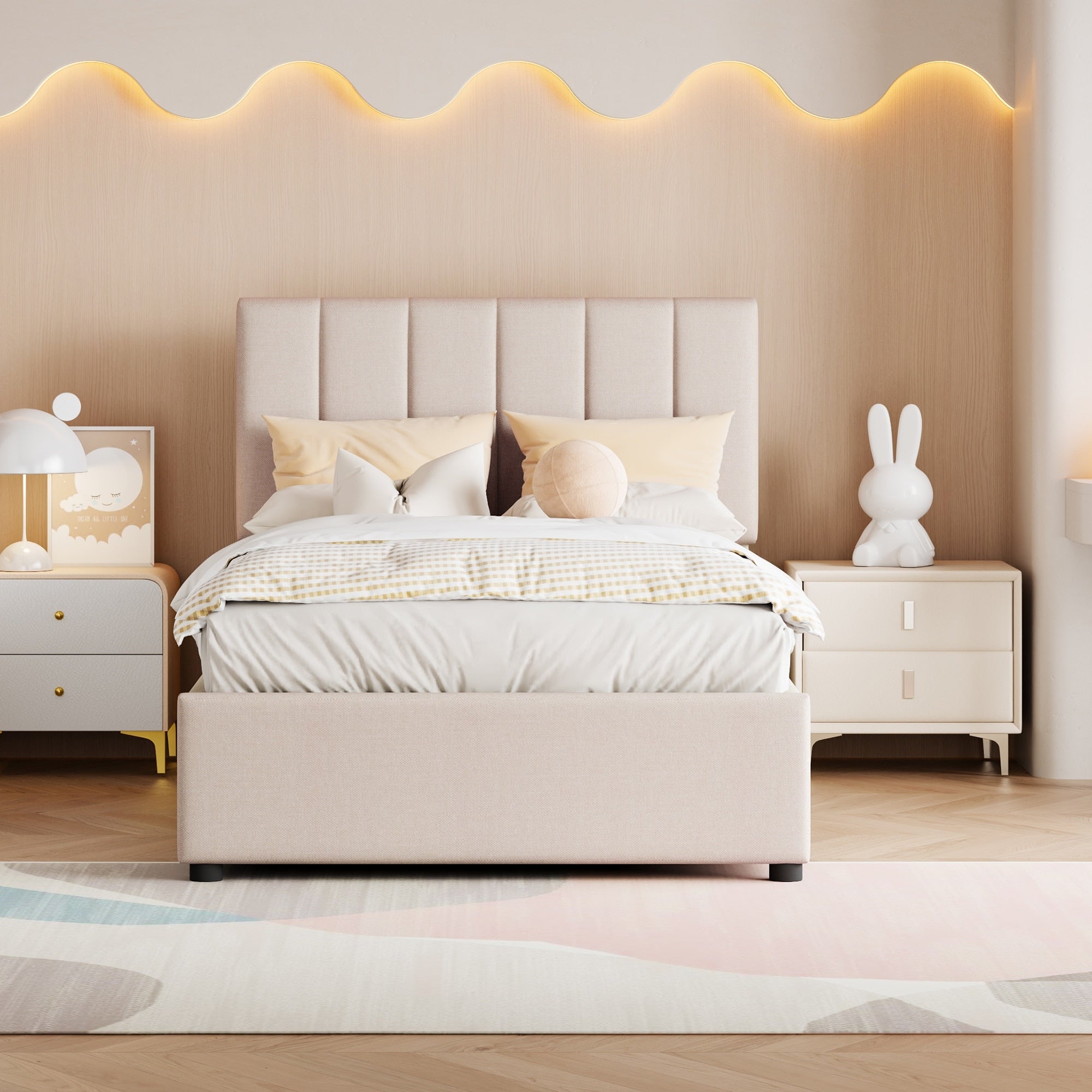 Beige Twin Size Upholstered Platform Bed With A Hydraulic Storage System