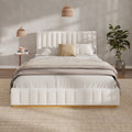 Beige Upholstered Bed With Vertical Stripes Headboard Linen Platform Bed