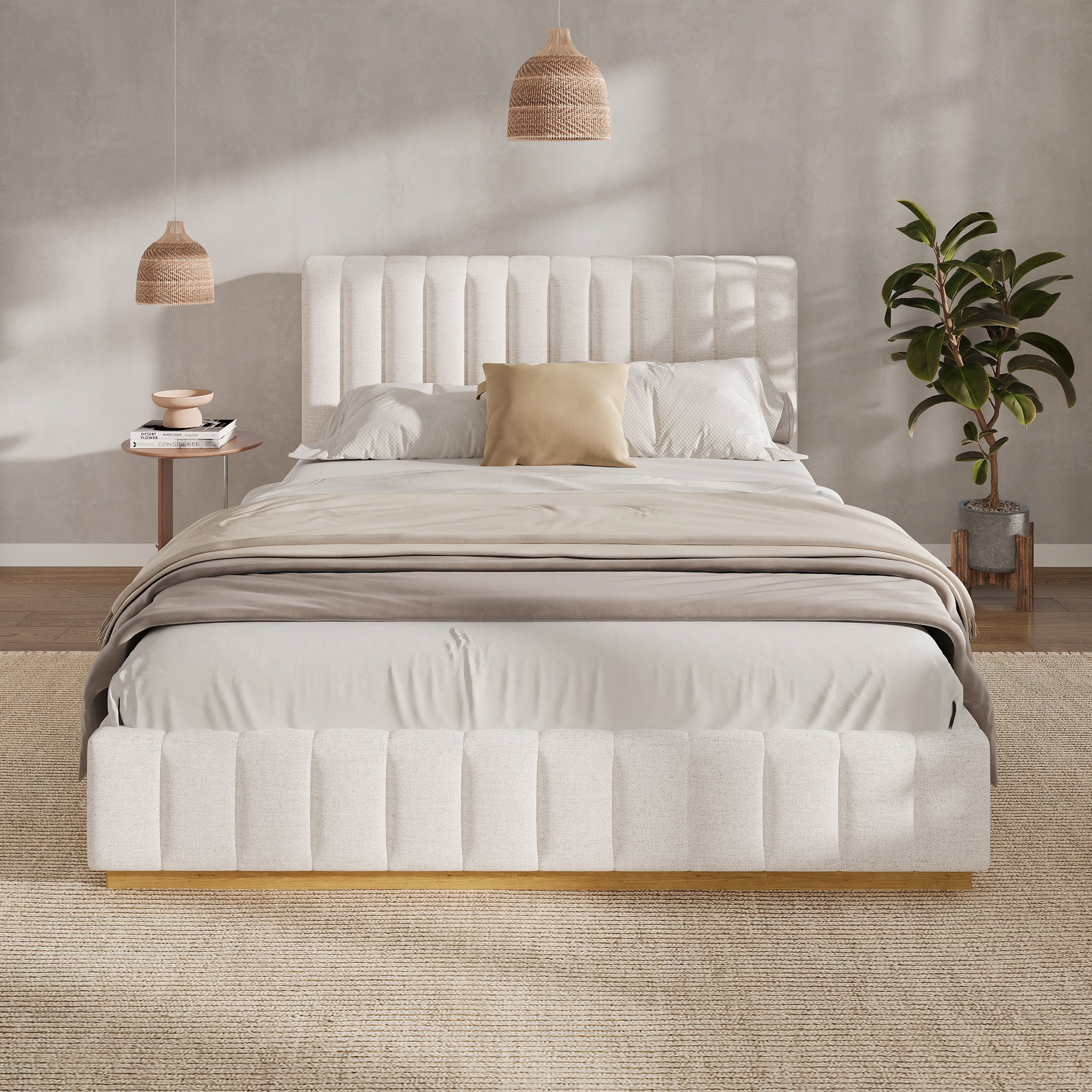 Beige Upholstered Bed With Vertical Stripes Headboard Linen Platform Bed