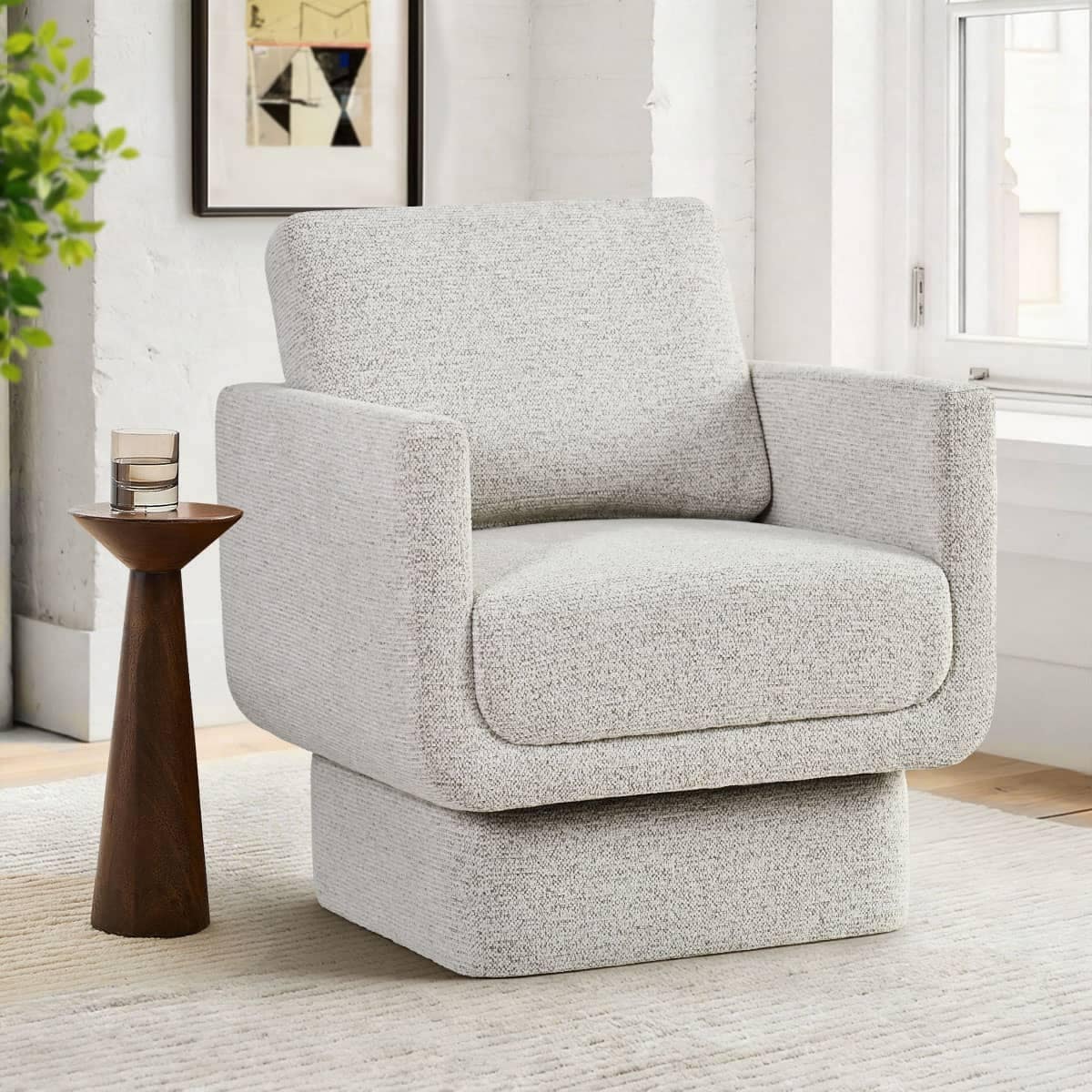 Beige Upholstered Swivel Barrel Accent Chair