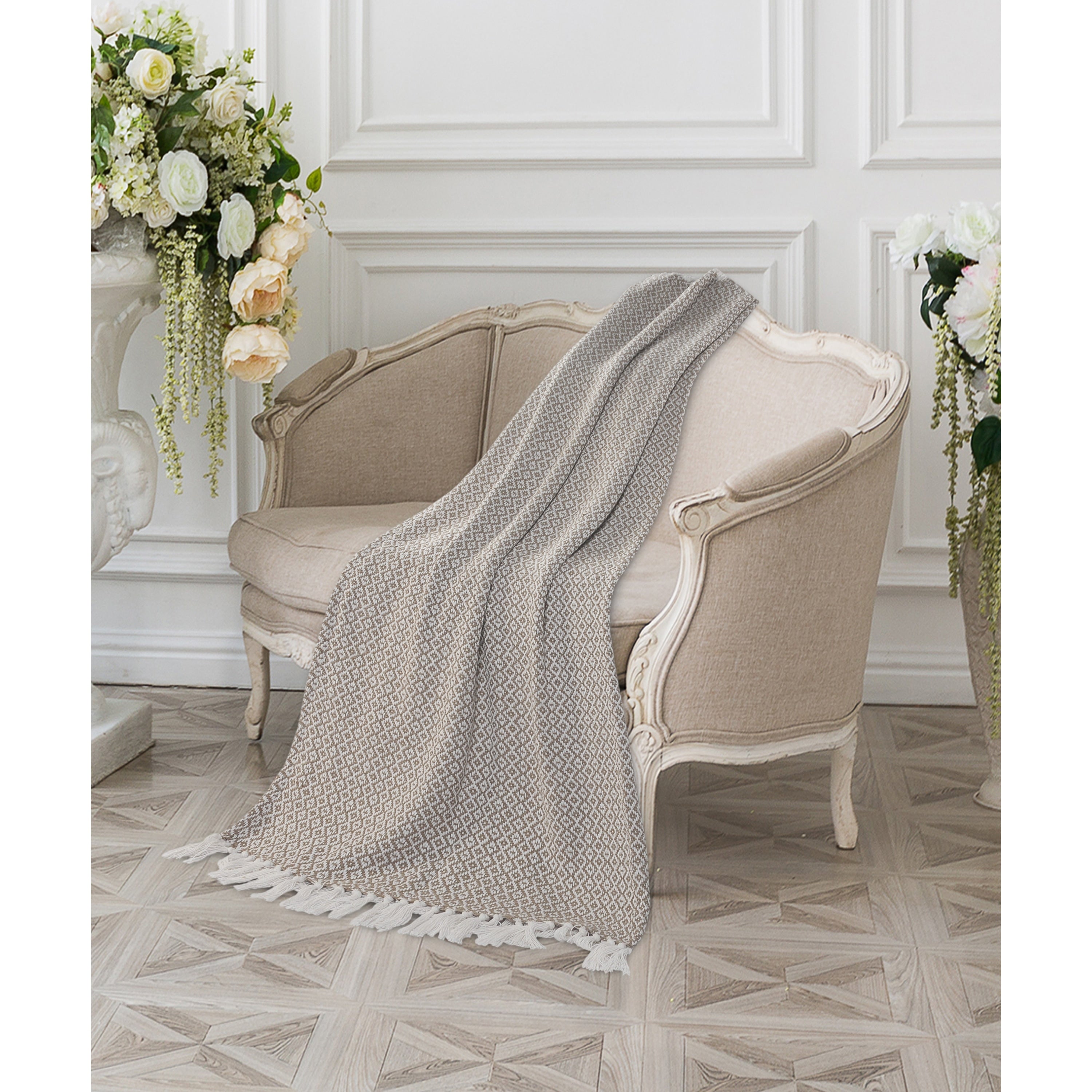 Beige And Ivory Diamonds Fringe Throw Blanket