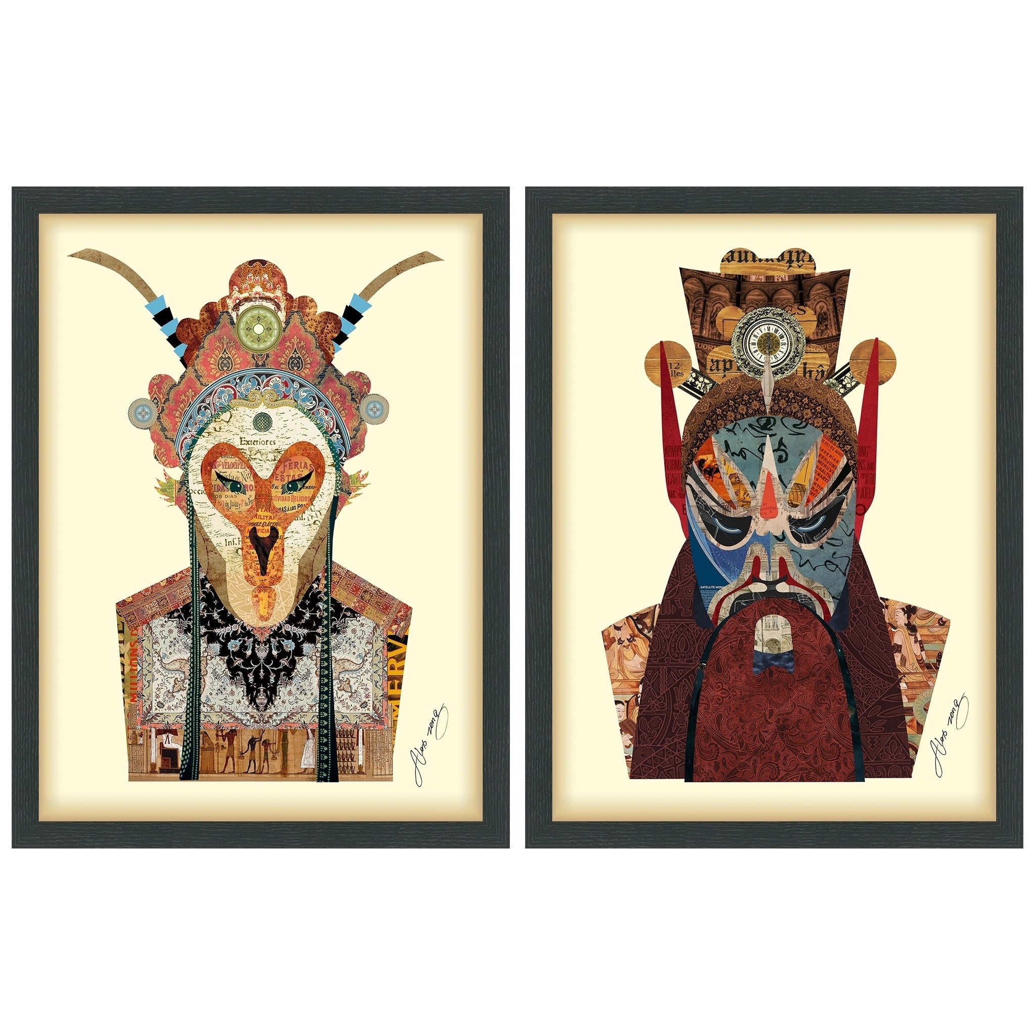 Beijin Opera Mask Jiangwei Dimensional Collage Wall Art Framed Under Glass
