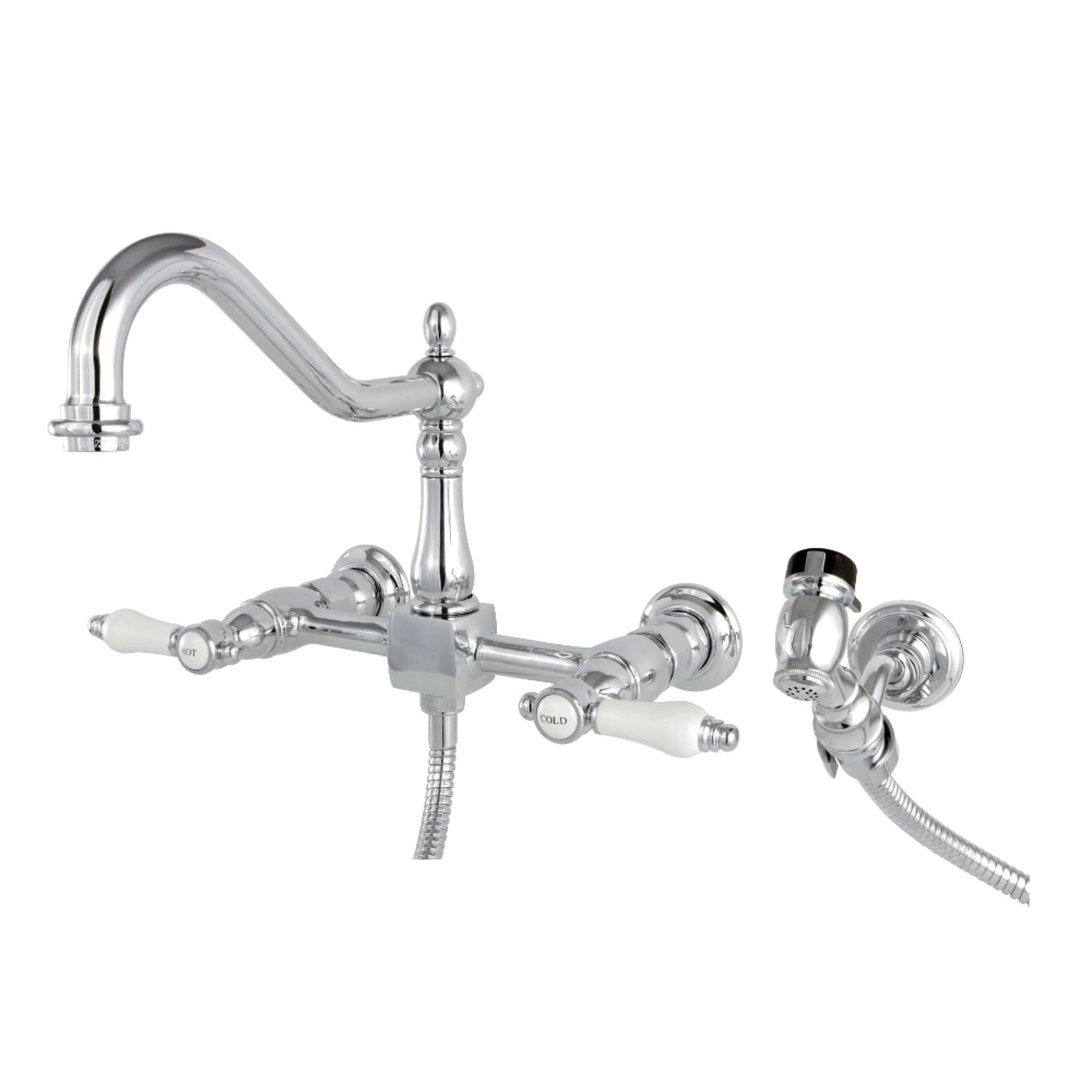 Bel Air Wall Mount Bridge Kitchen Faucet With Brass Sprayer In Polished Chrome