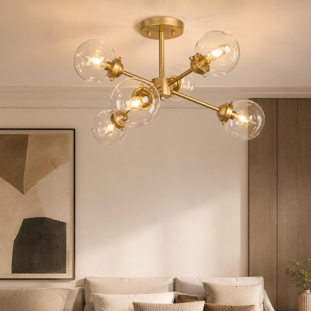 6 Light Sputnik Semi Flush Mount Ceiling Light With Glass Shade