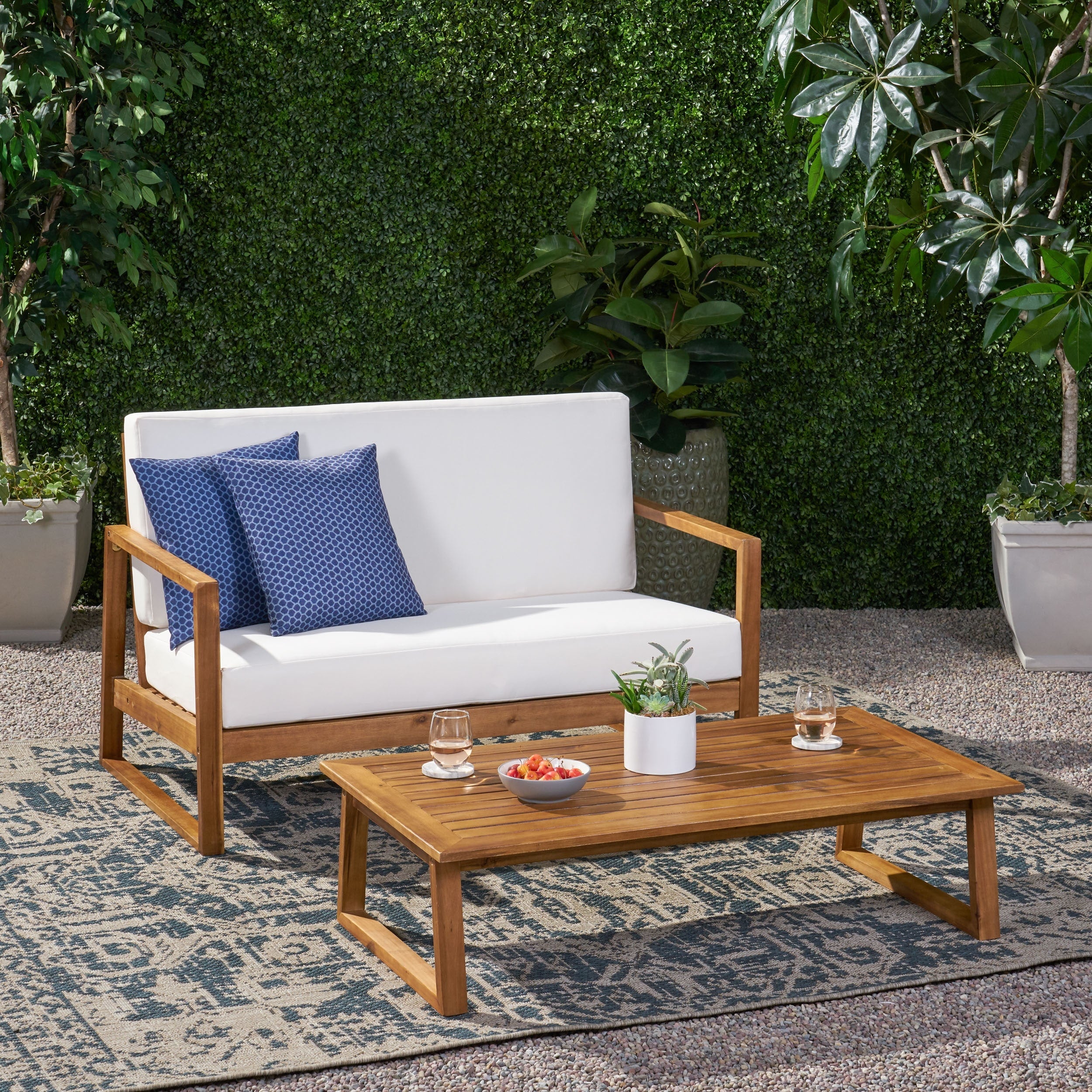Belgian Outdoor Acacia Wood Chat Set With Coffee Table By Christopher Knight Home