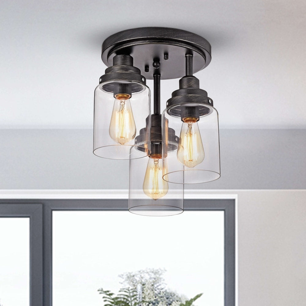 Belinda Flush Mount In Antique Black Finish With Clear Glass Shades