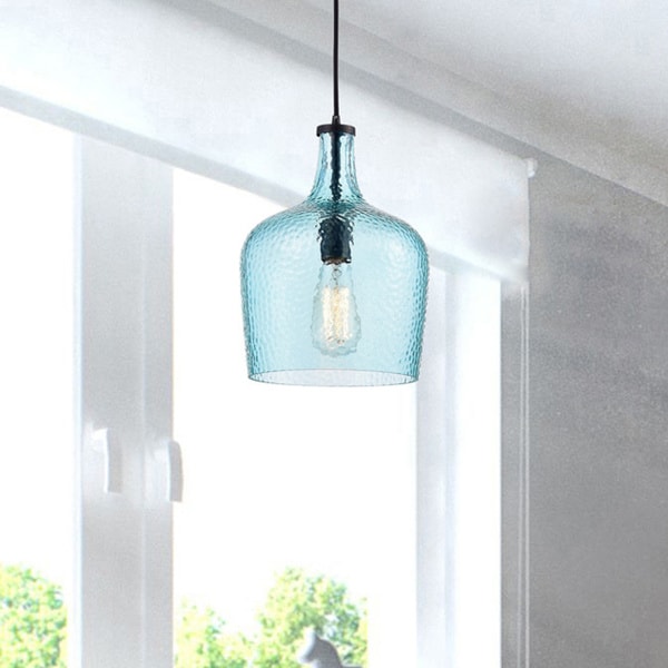 Belinda Mouth Blown Blue Glass Pendant Chandelier In Antique Black Finish