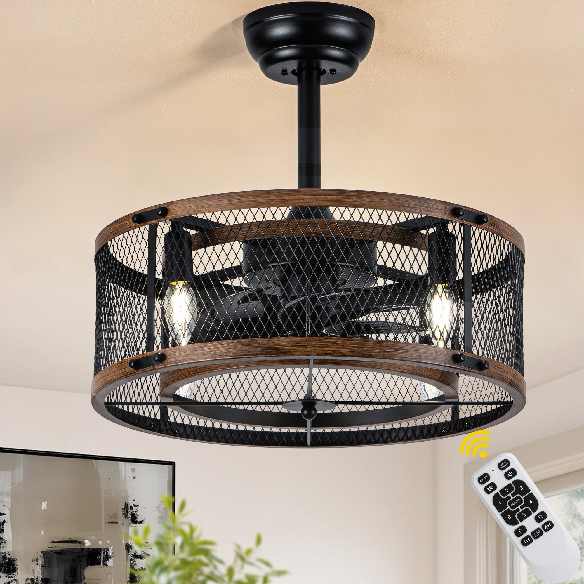 Bella Depot 19 Industrial Metal Cage Ceiling Fan With Light And Remote 18.9