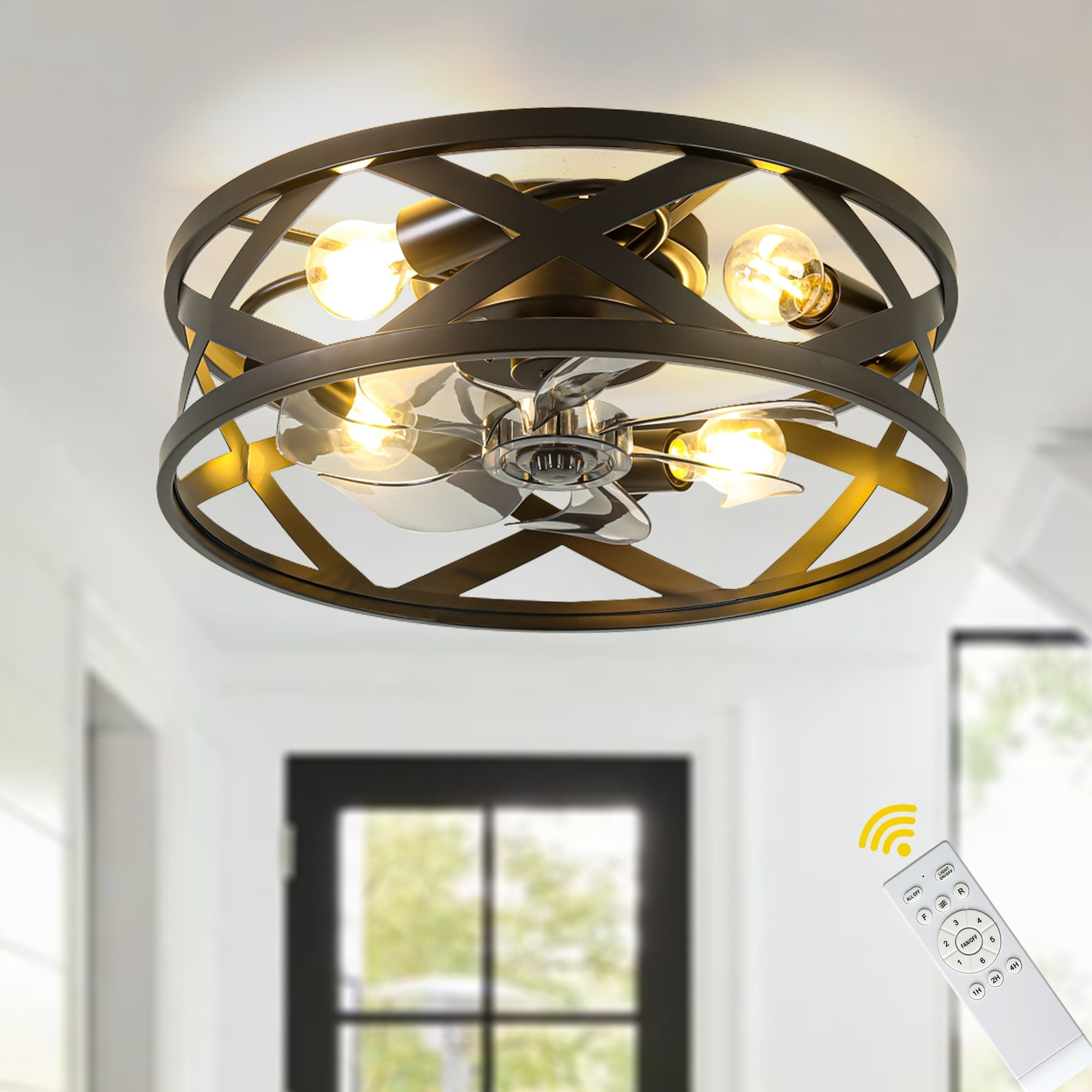 Bella Depot 20 Black Cage Flsuh Mount Ceiling Fan With Light And Remote