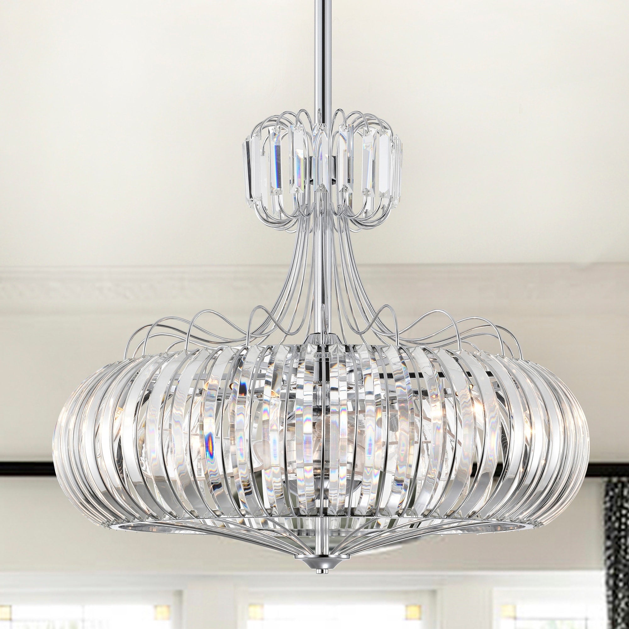 Bellamy Chrome 28 Inch 6 Light Lighted Ceiling Fan Fandelier With Crystal Shade Includes Remote And Light Kit