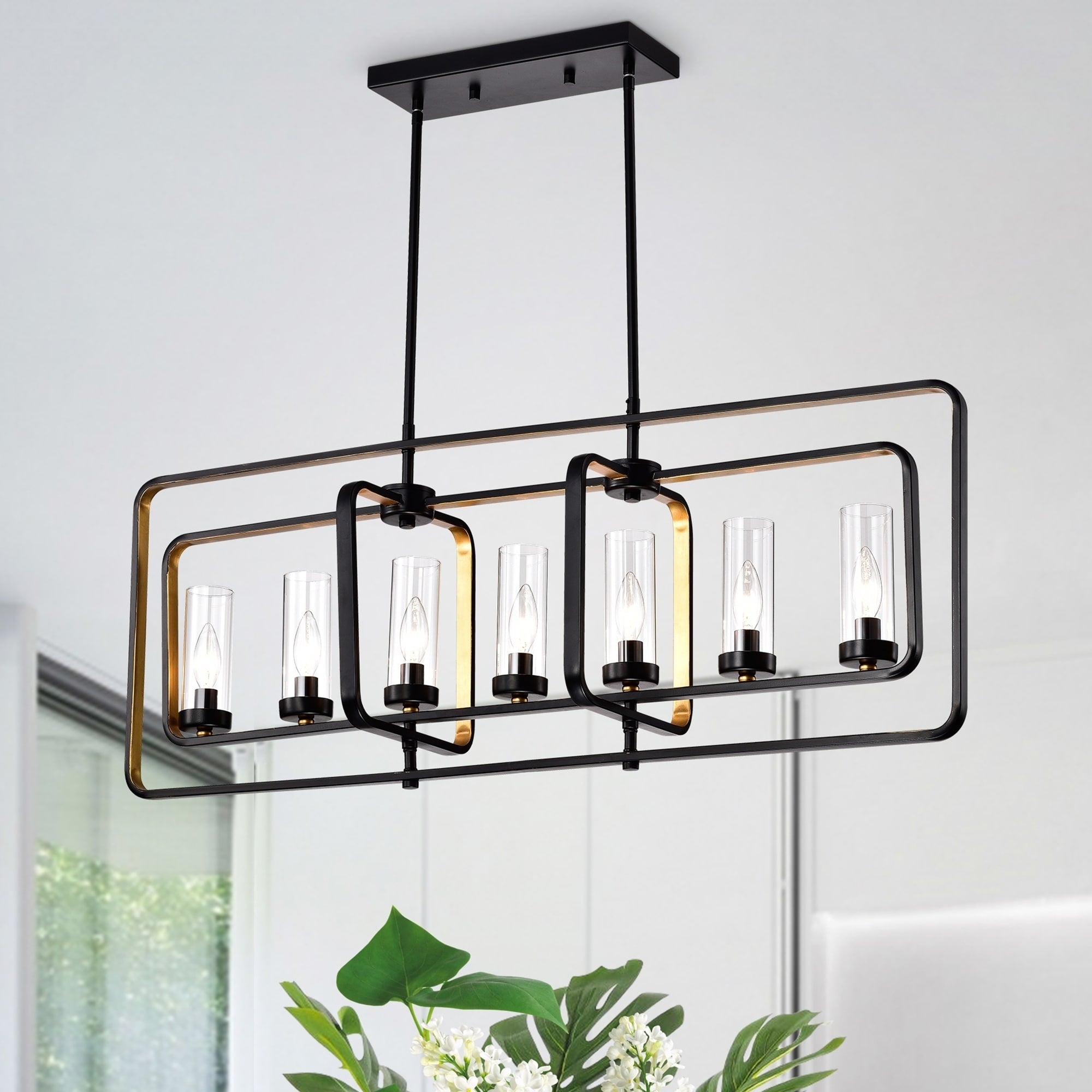 Belline Matte Black Gold 7 Light Chandelier With Glass Pillar Shades