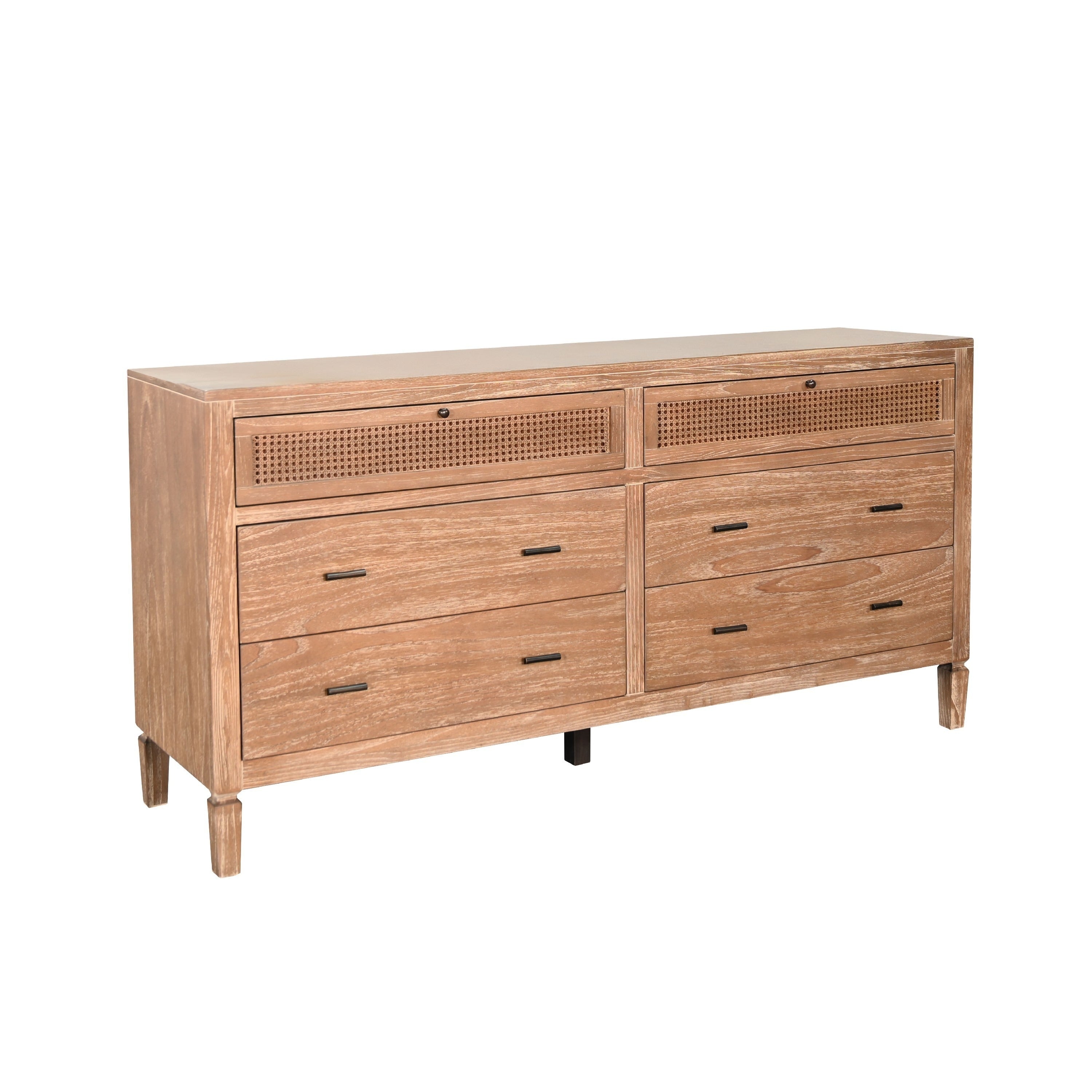 Beni Wide Dresser 6 Drawers Rattan Woven Panels Black Brown Oak Grove