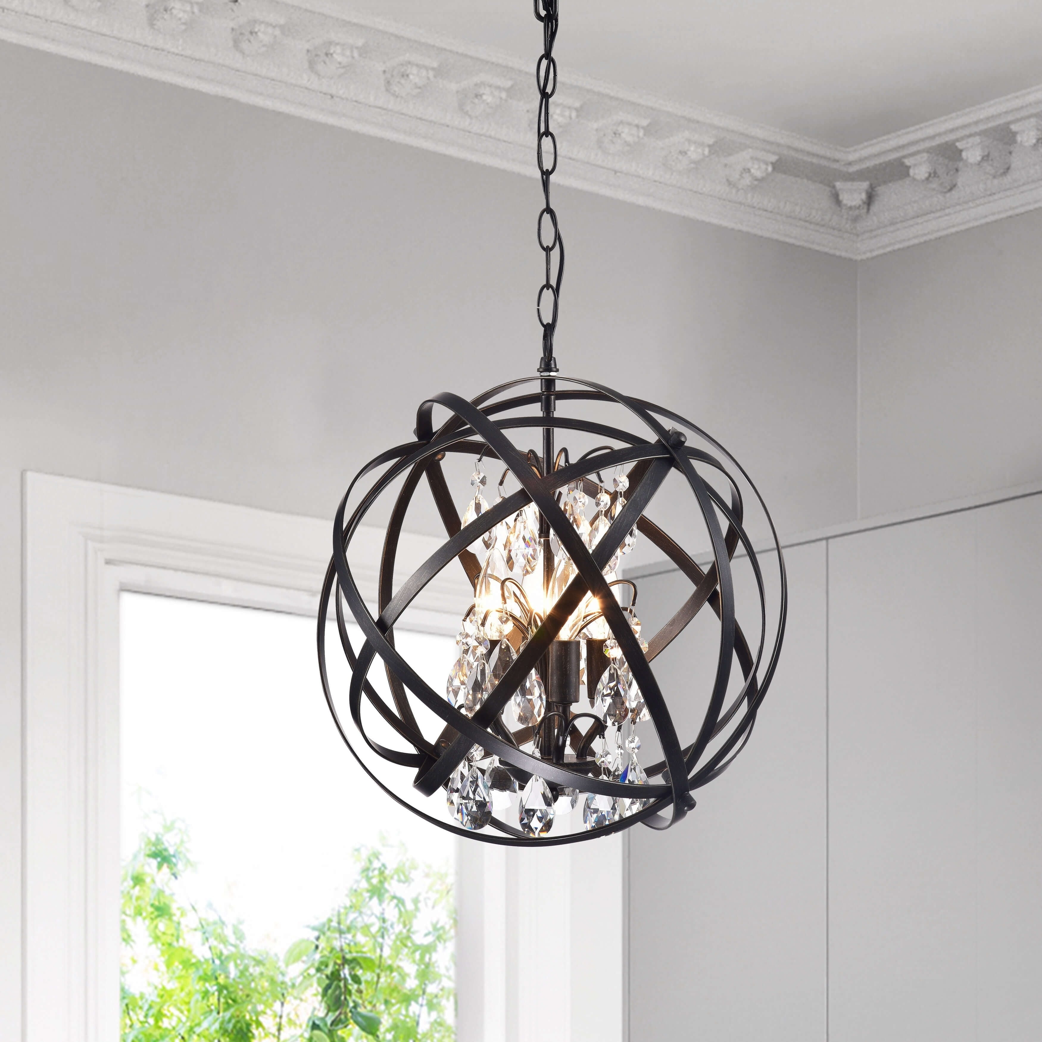 Benita Antique Black 3 Light Metal Globe Crystal Chandelier
