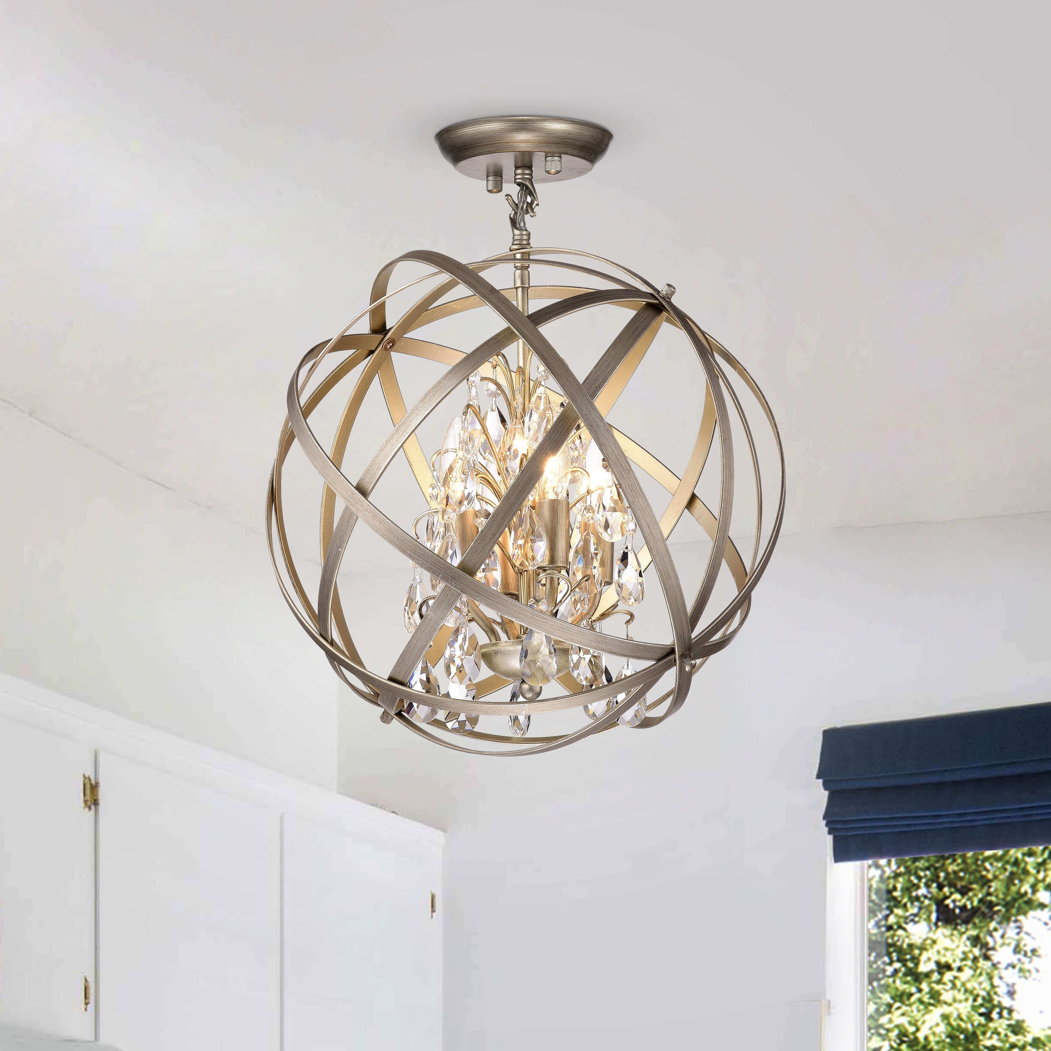 Benita Brushed Champagne 3 Light Metal Globe Crystal Semi Flush Mount N A