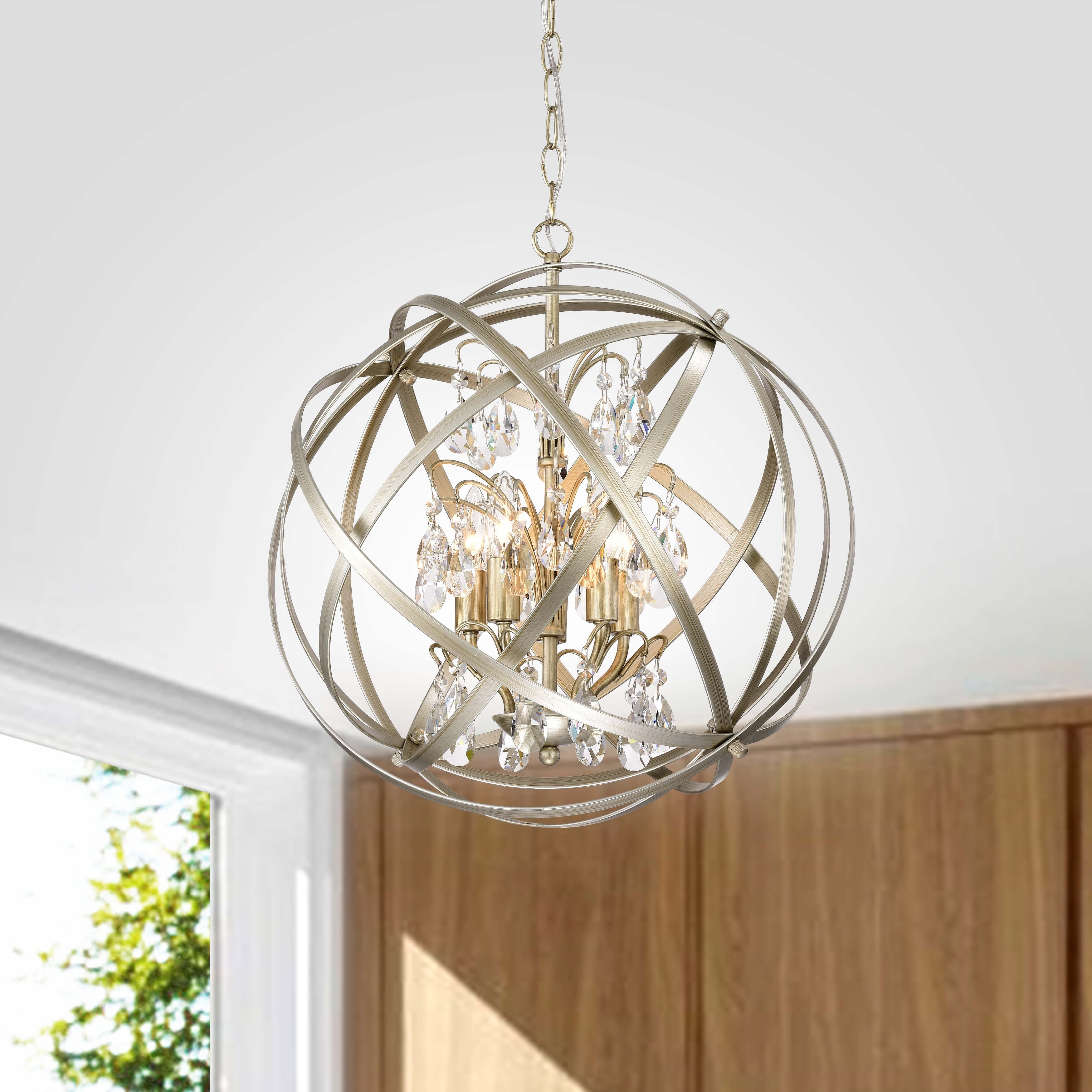 Benita Brushed Champagne Metal And Crystal Orb 5 Light Chandelier