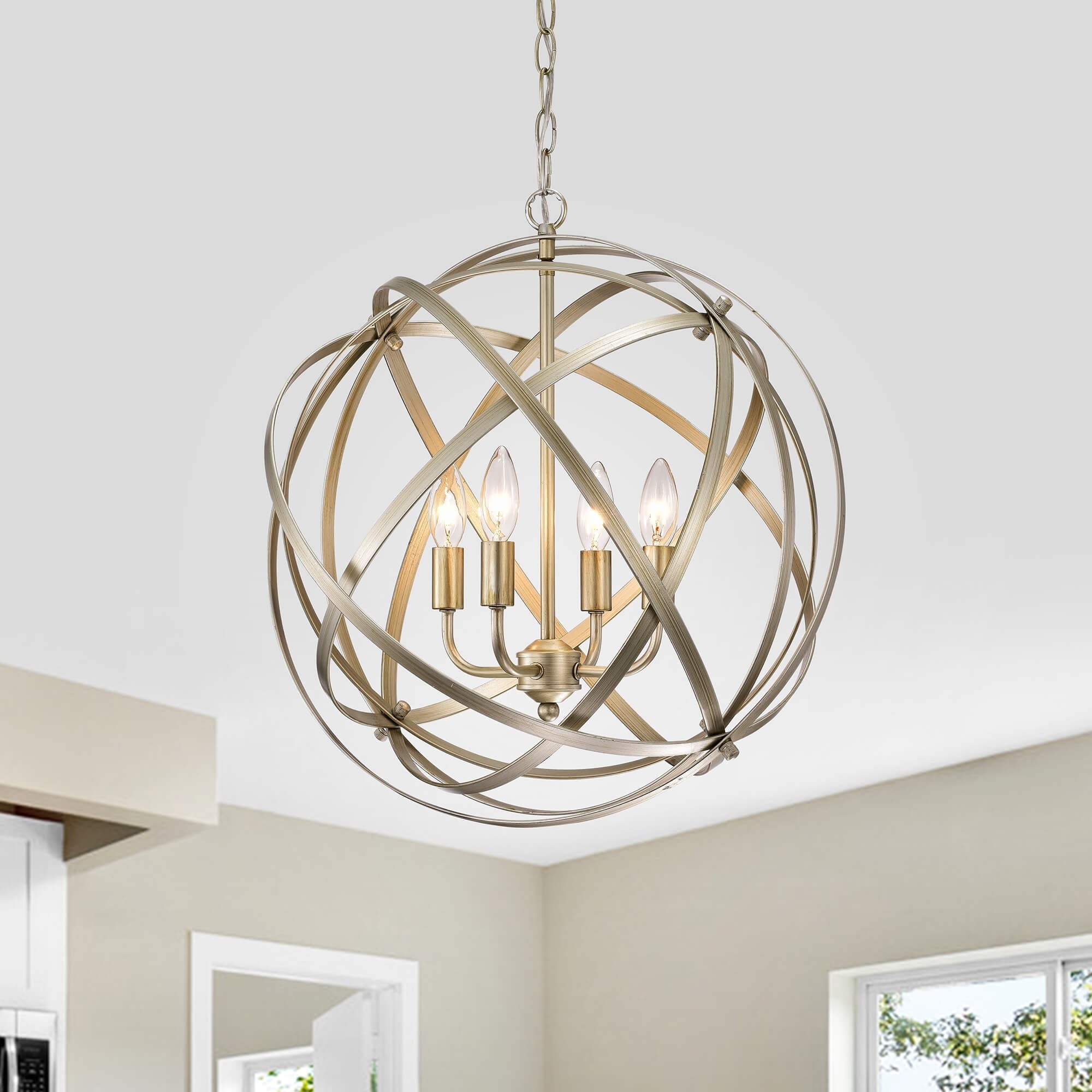 Benita Brushed Champagne Metal Large Orb 4 Light Chandelier