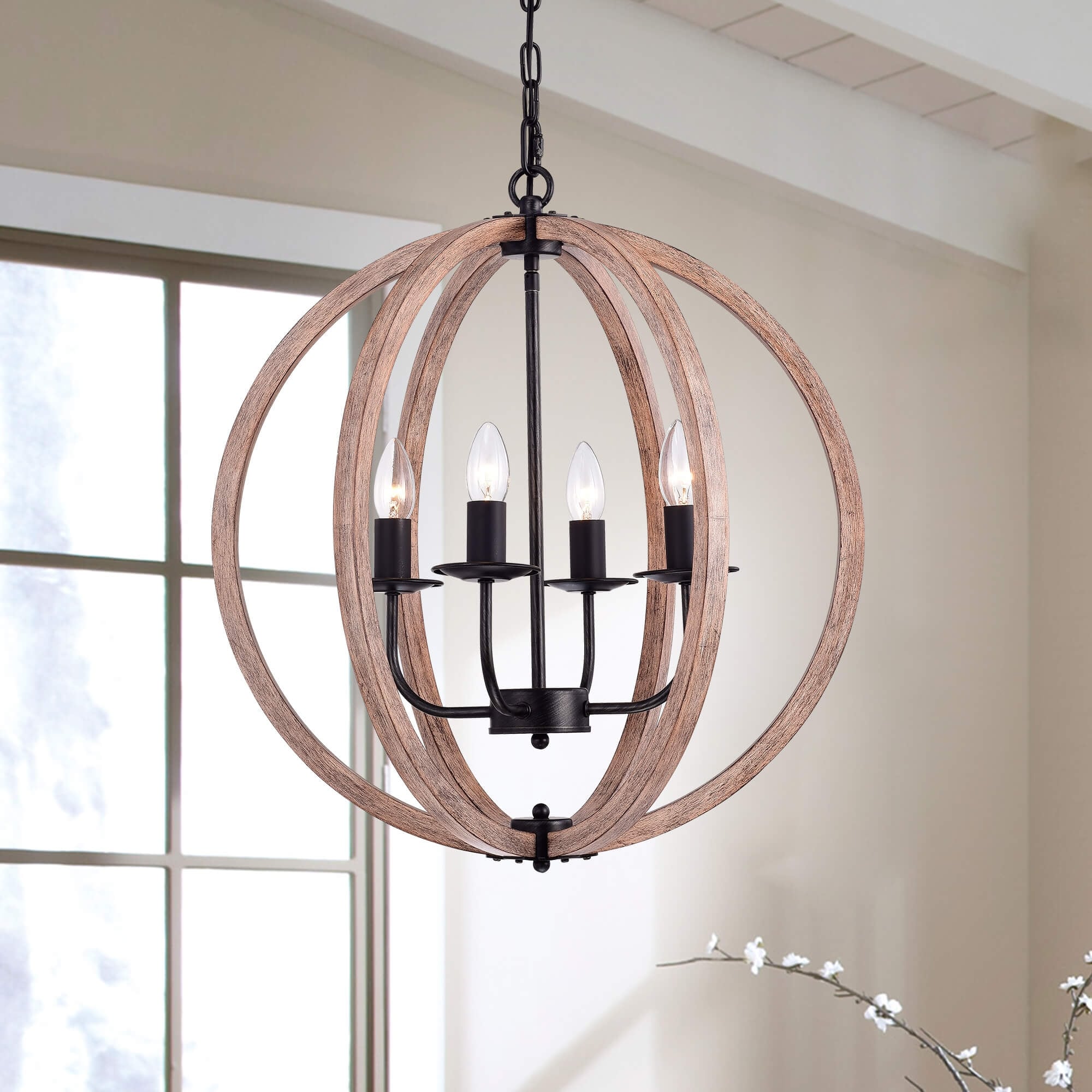 Benita Natural Wood Orb Chandelier In Antique Black