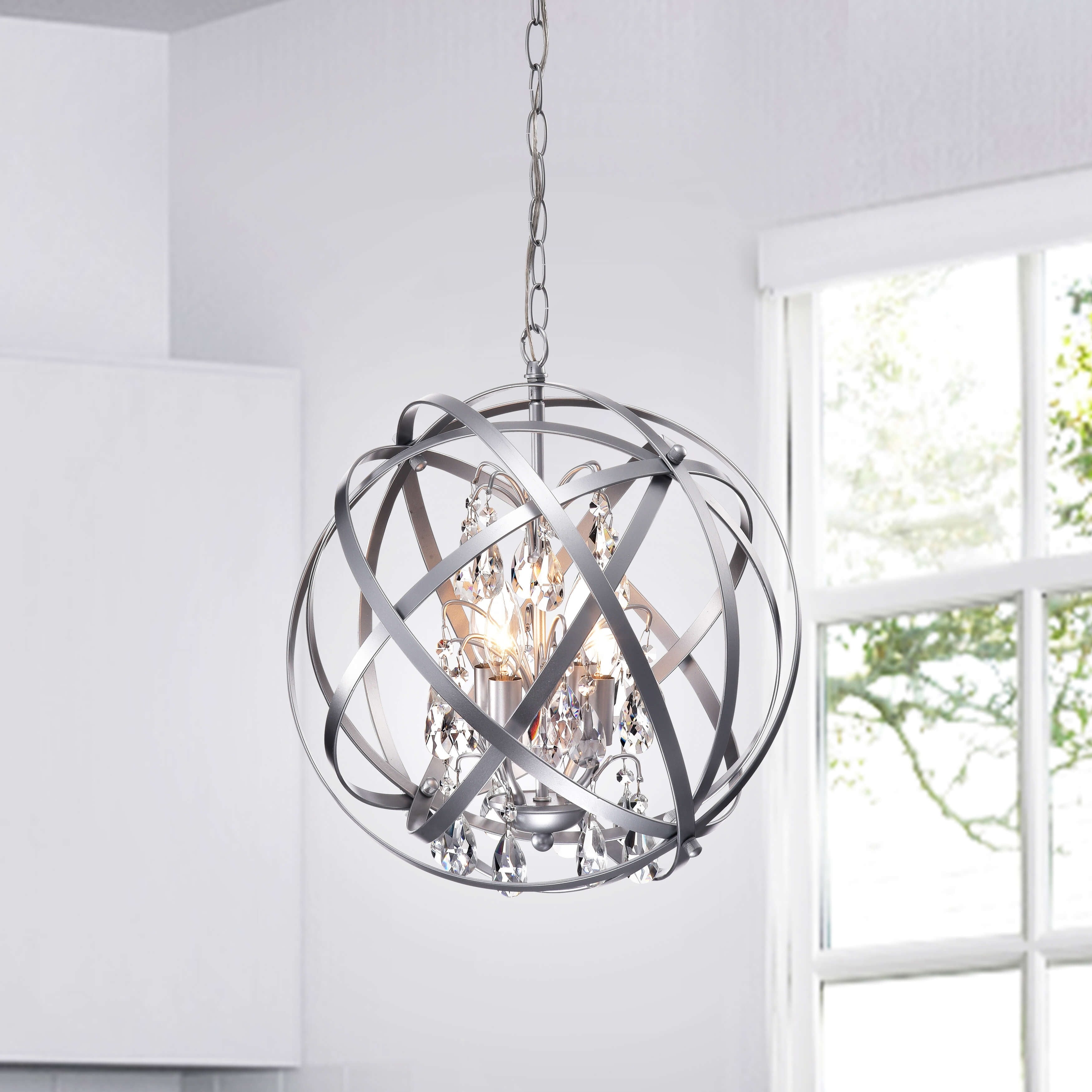 Benita Silver 3 Light Metal Globe Crystal Chandelier