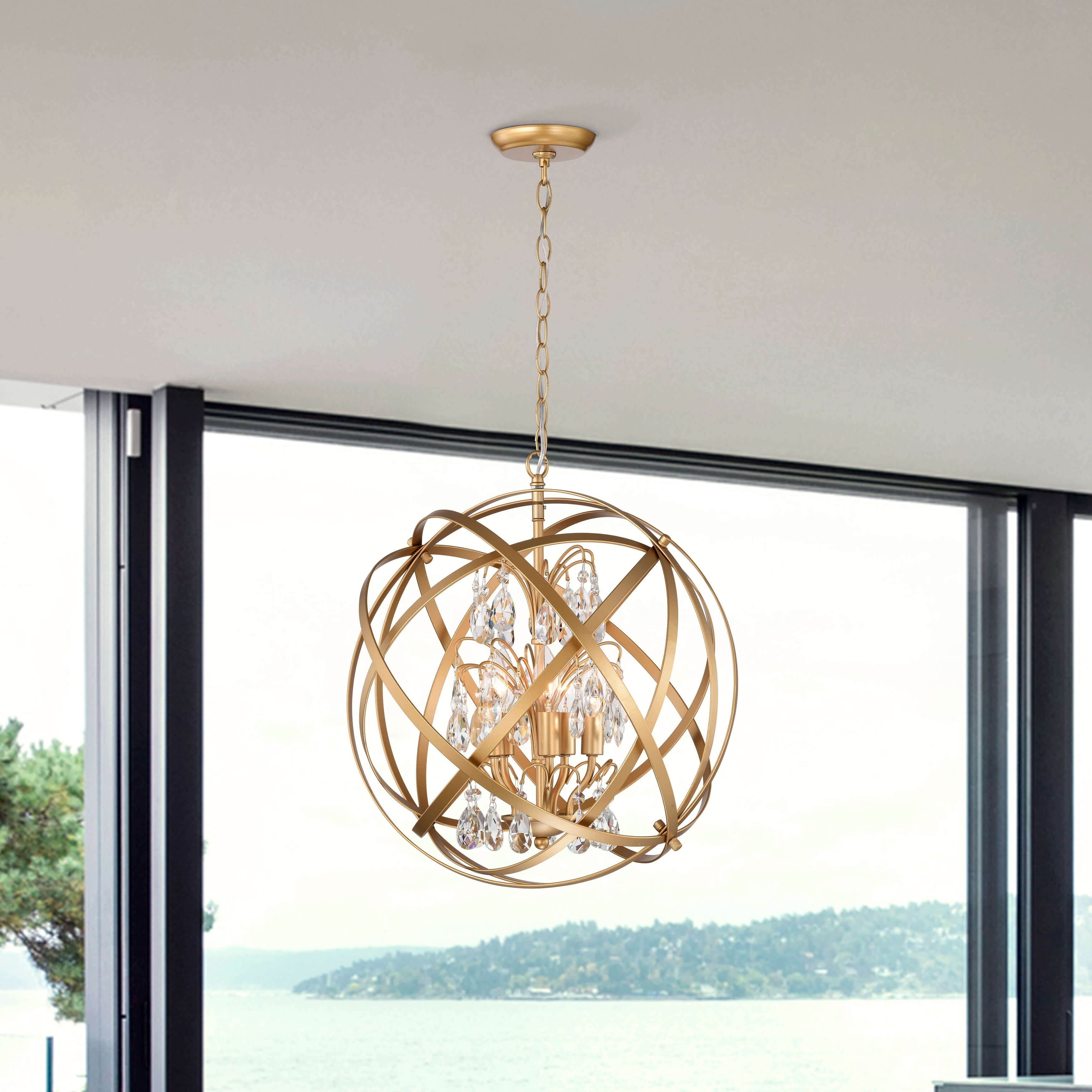 Benita Yellow Ish Gold 5 Light Metal Globe Crystal Chandelier