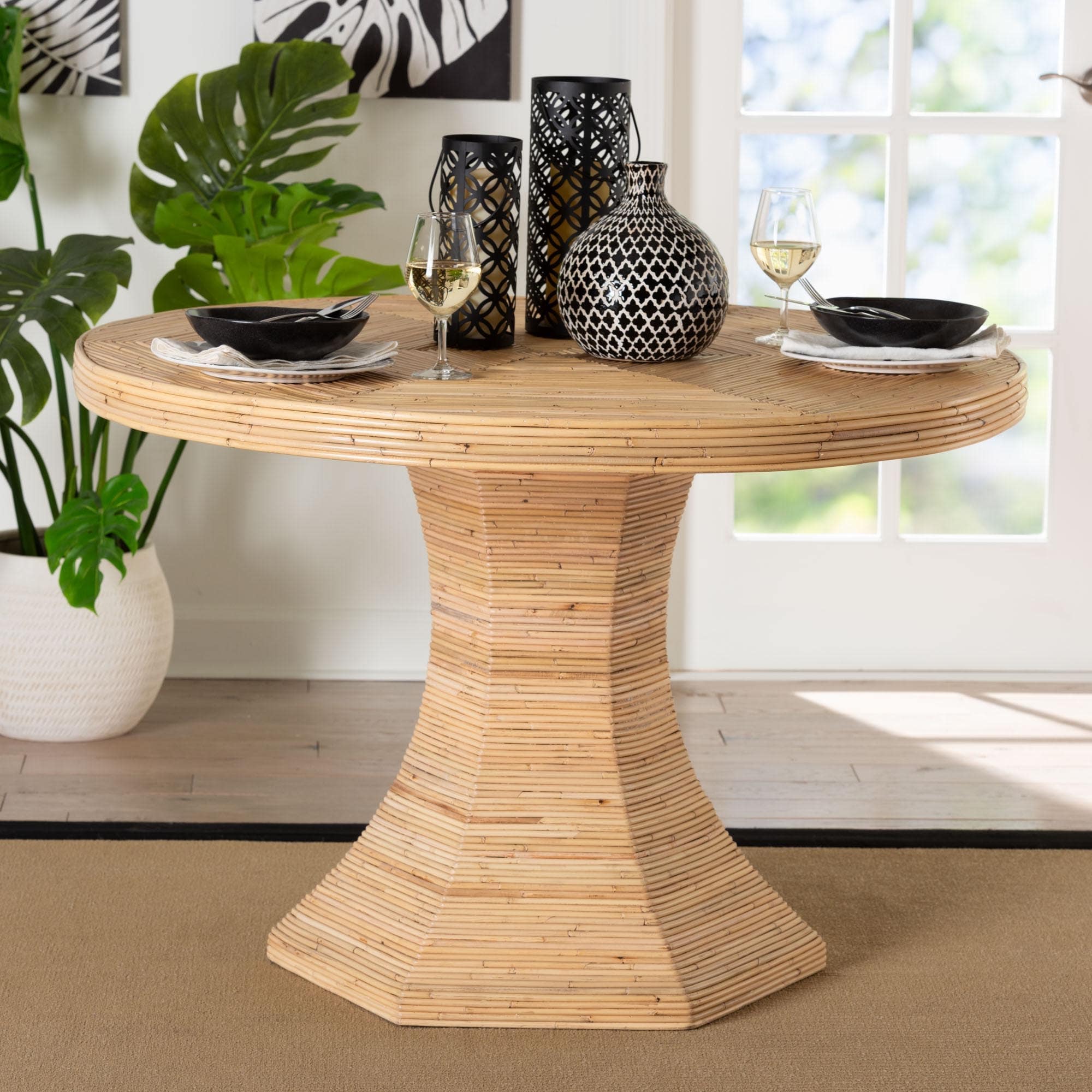 Benito Natural Rattan Dining Table Handcrafted Wicker Table With Hourglass Pedestal Base For Kitchen Dining Room Or Nook
