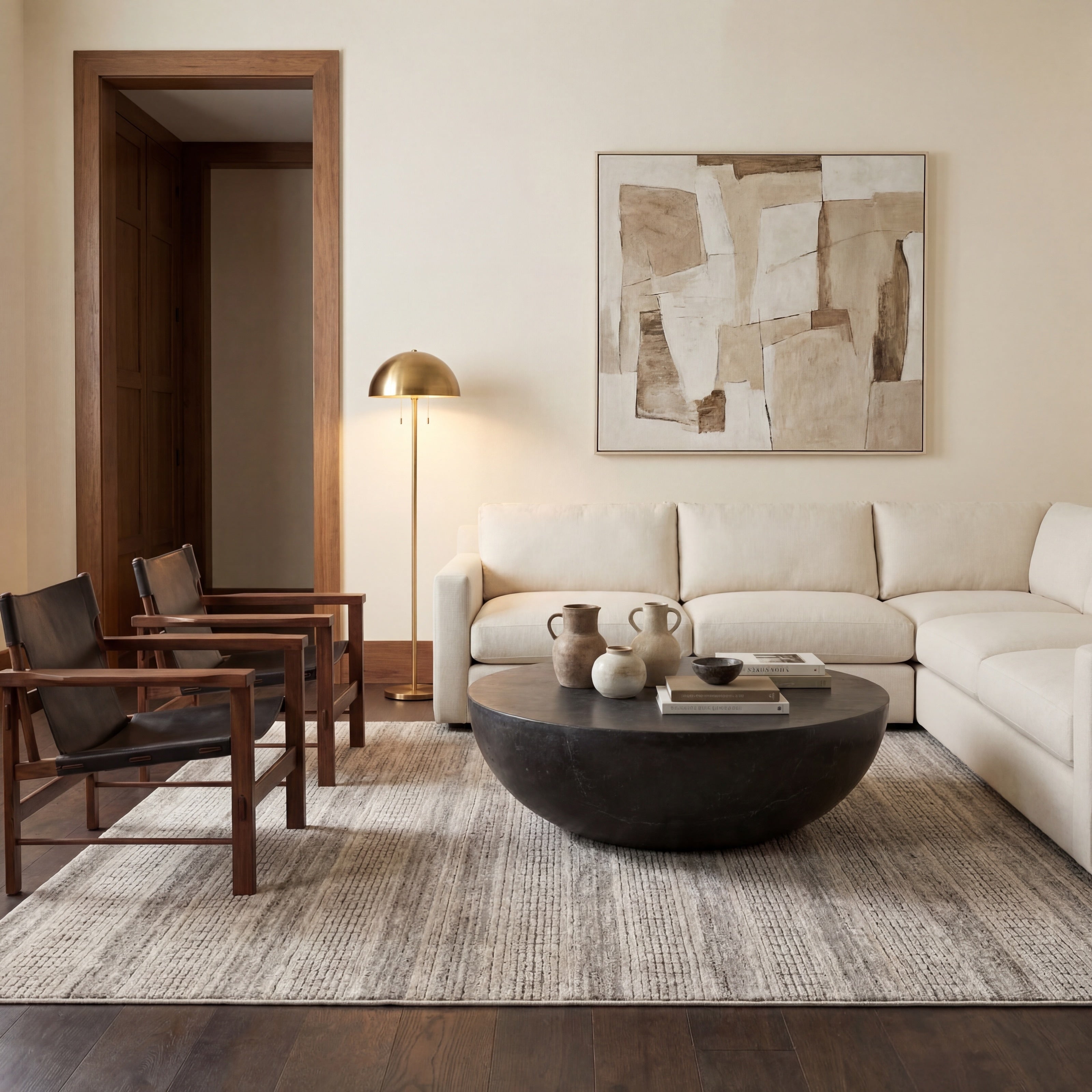 Bennett Modern Linear Ladder Stitch Ivory Brown Area Rug