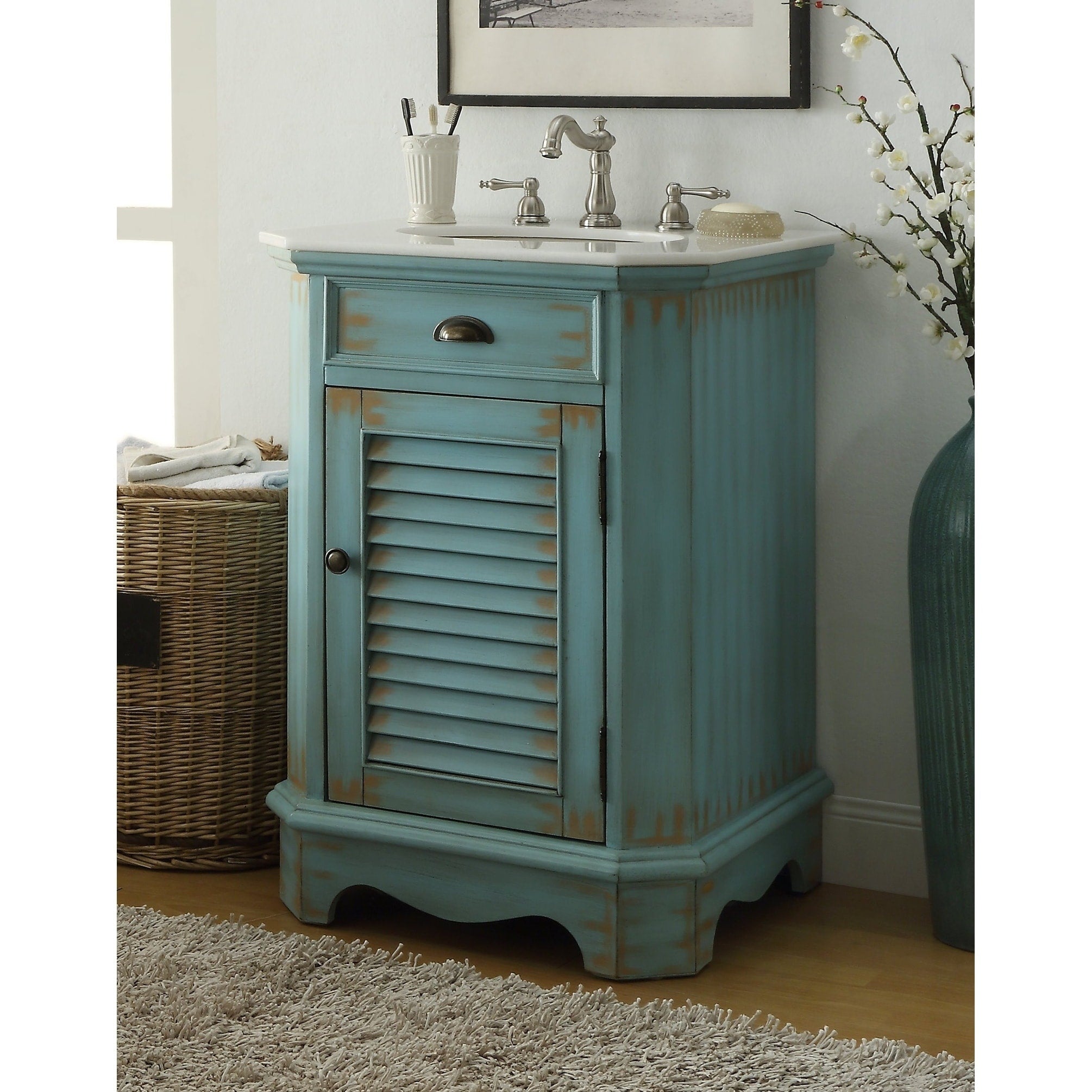 24 Benton Collection Abbeville Distressed L. Blue Rustic Vanity W Bs