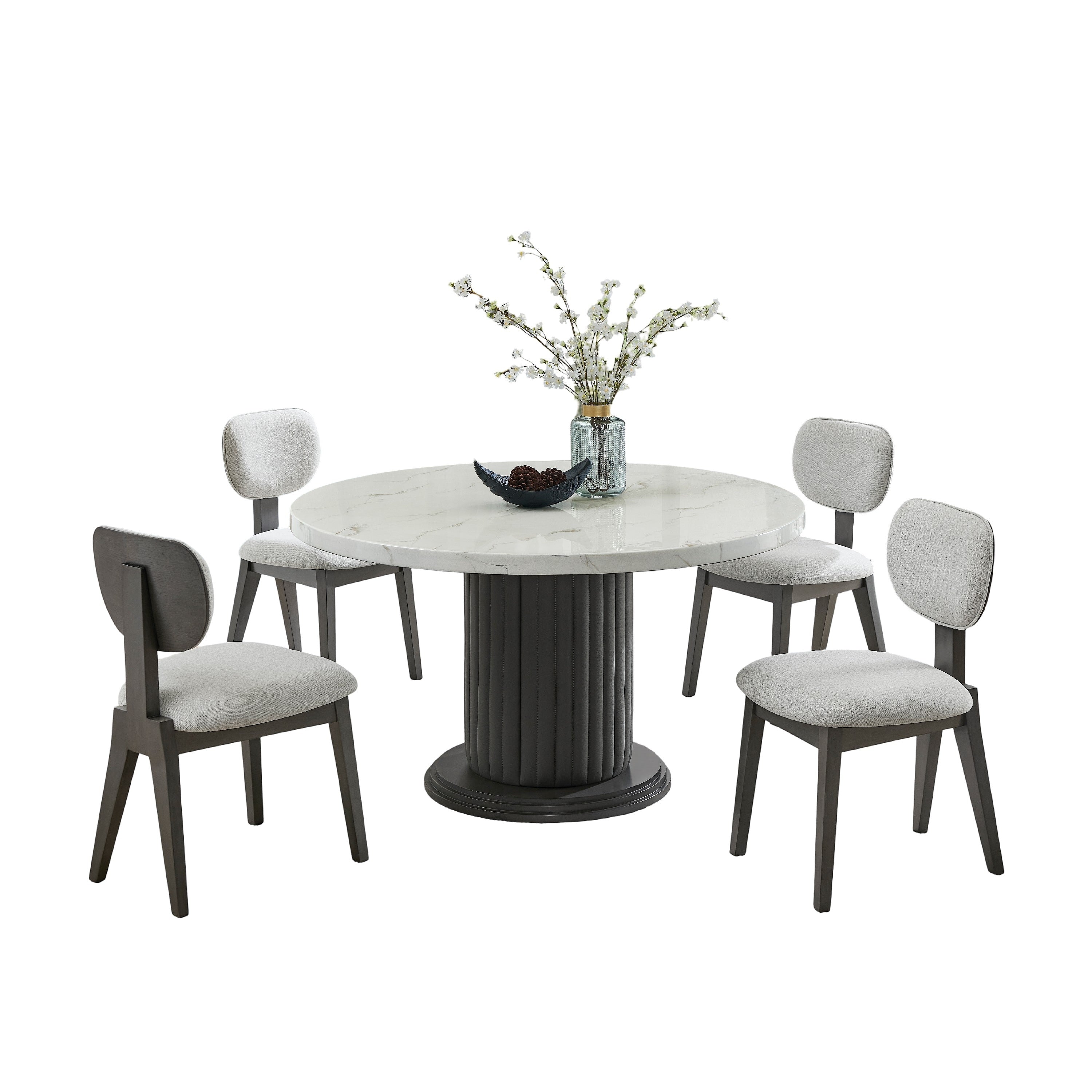 Beny 5Pc Dining Set 54 Inch White Faux Marble Top Dark Oak Gray