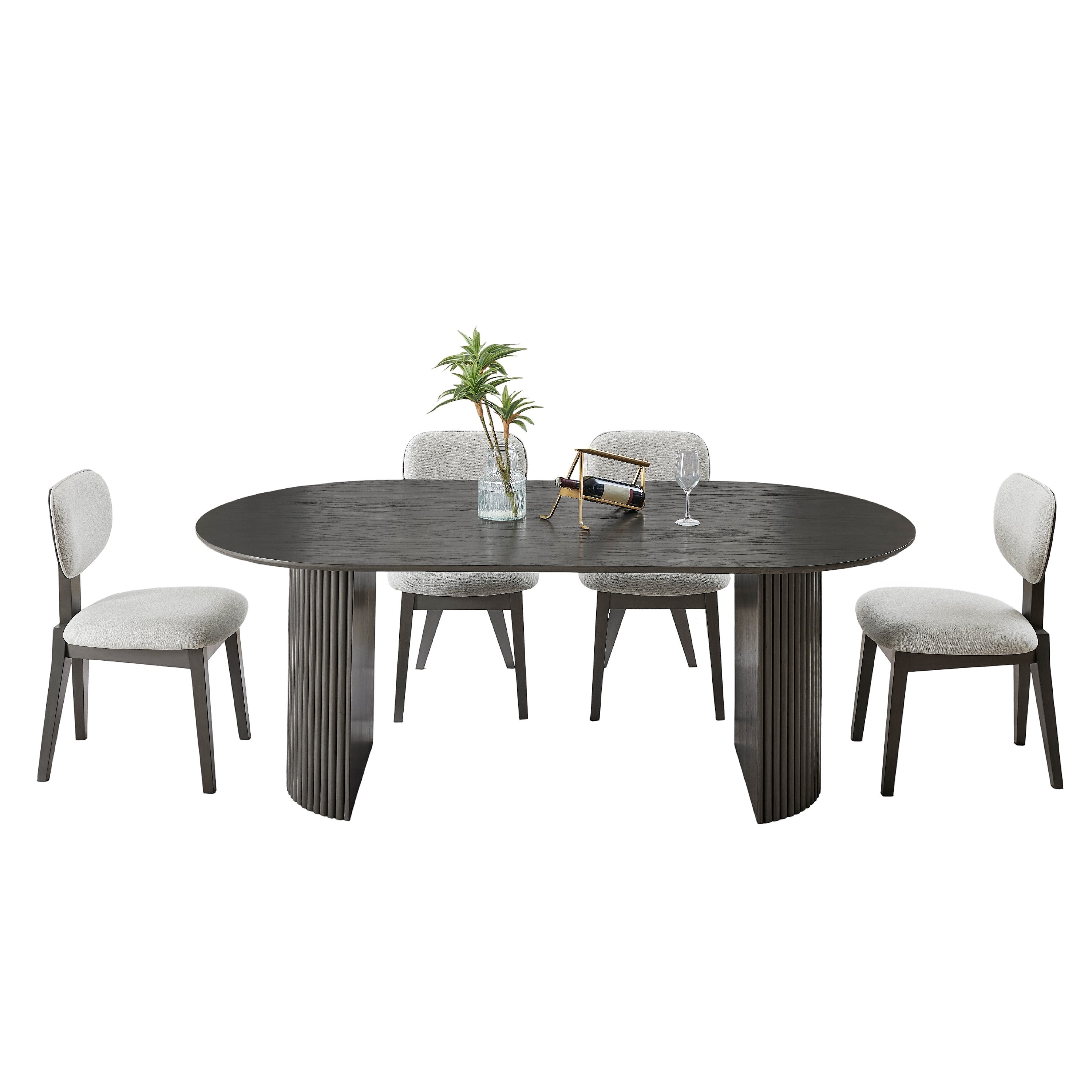 Beny 5Pc Dining Set 80 Inch Oval Table Low Back Chairs Dark Oak Gray