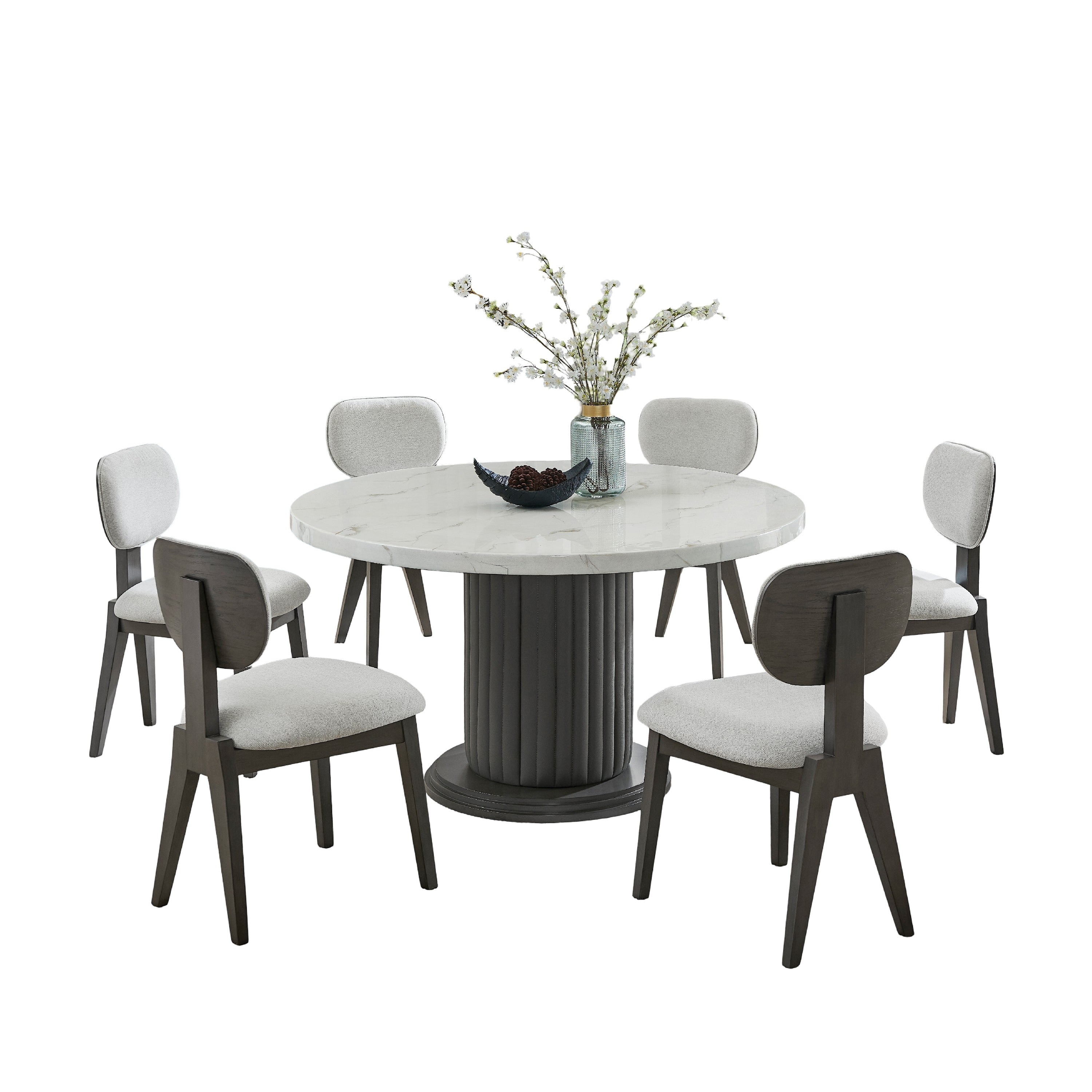 Beny 7Pc Dining Table Set 54 Inch Round White Low Back Chairs Dark Gray
