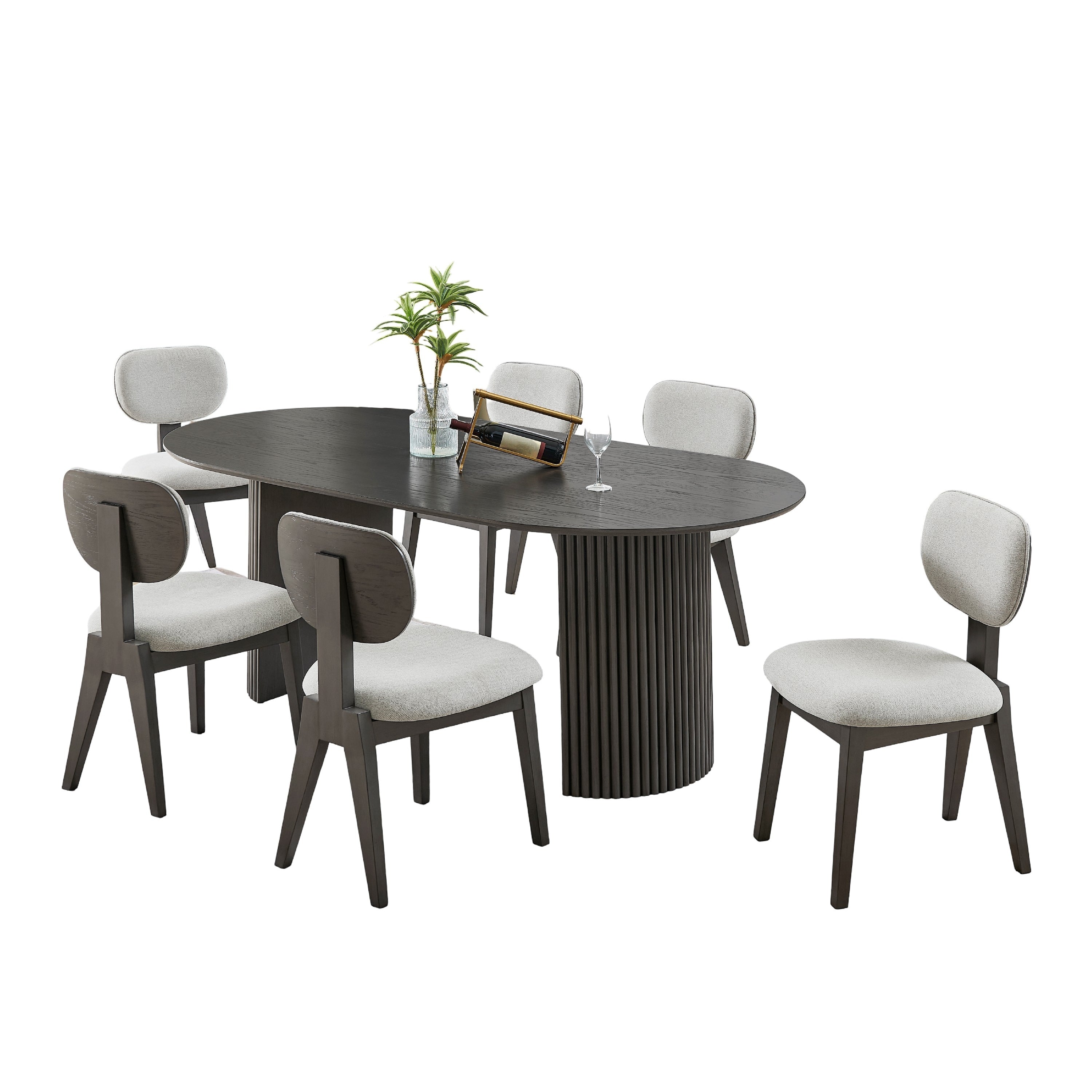 Beny 7Pc Dining Table Set 80 Inch Oval Top Low Back Chairs Dark Gray Oak