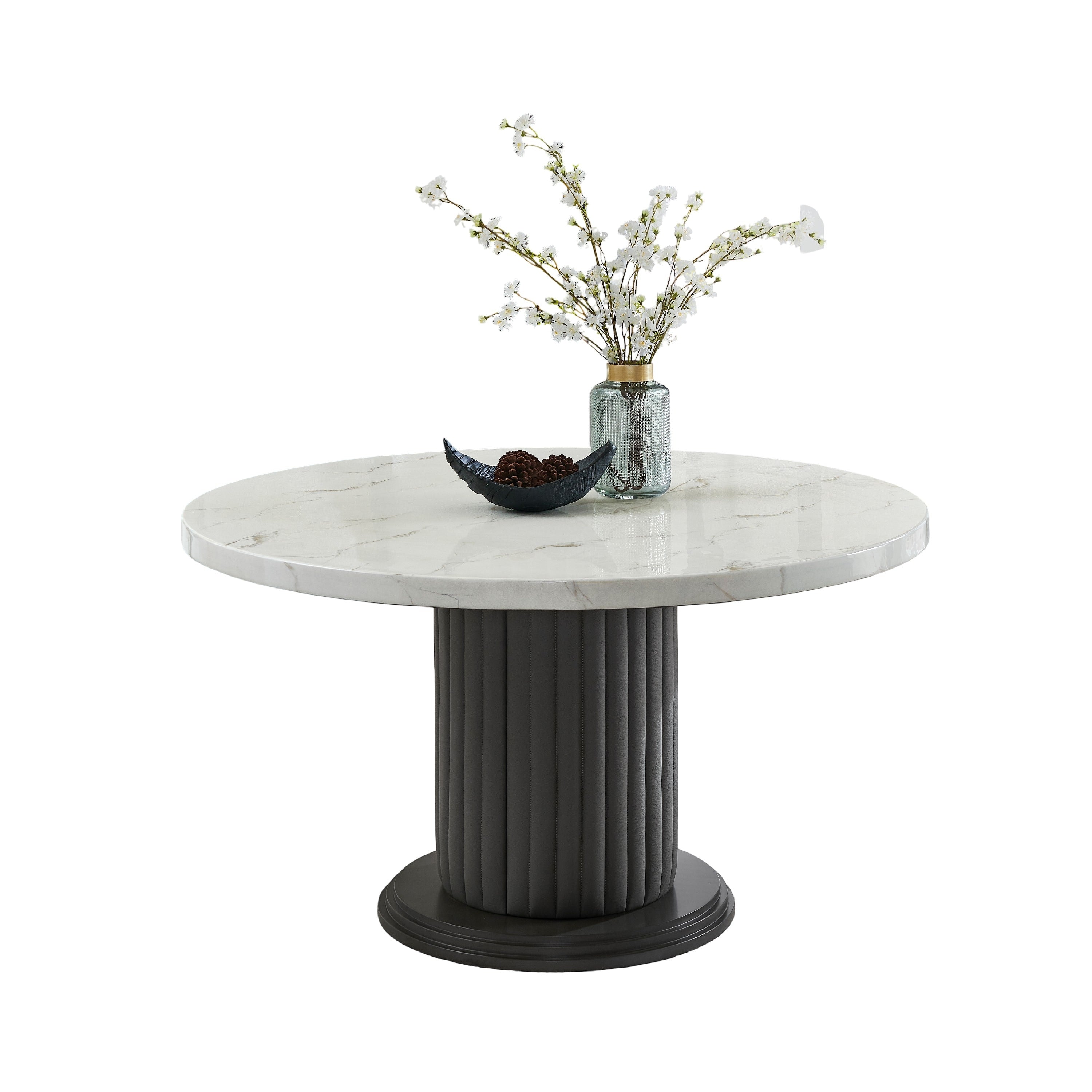 Beny Dining Table 54 Inch Round White Faux Marble Top Dark Gray Oak
