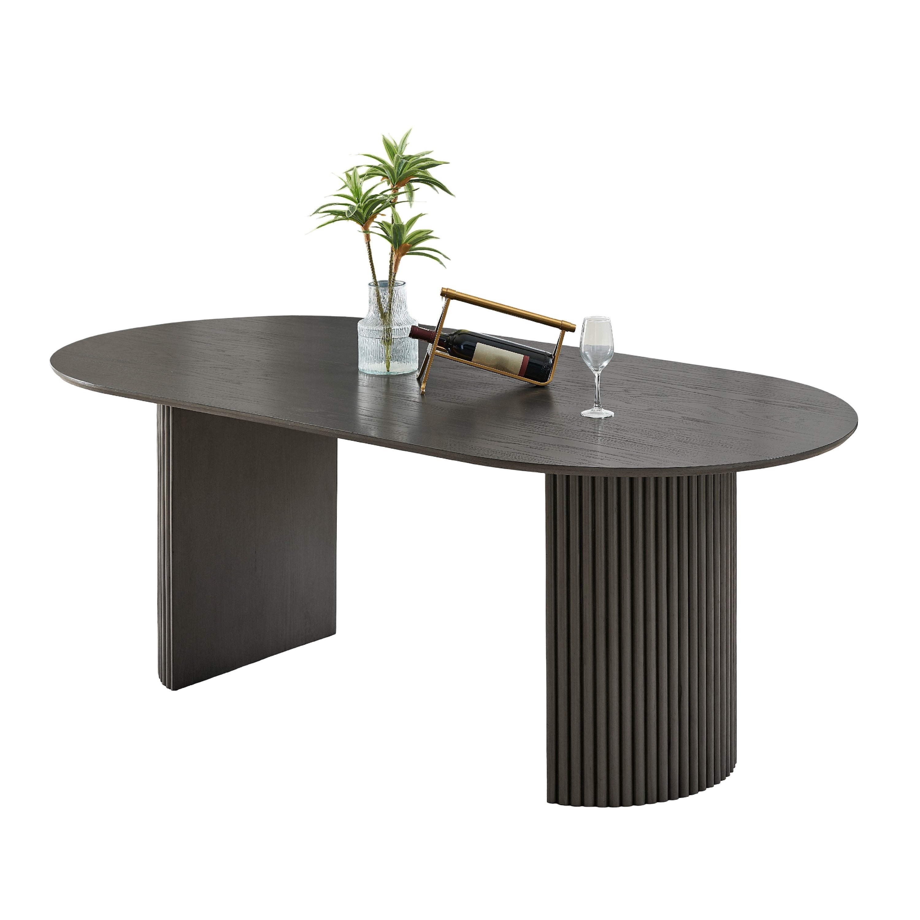 Beny Dining Table 80 Inch Oval Top Dual Pedestal Base Dark Gray Oak