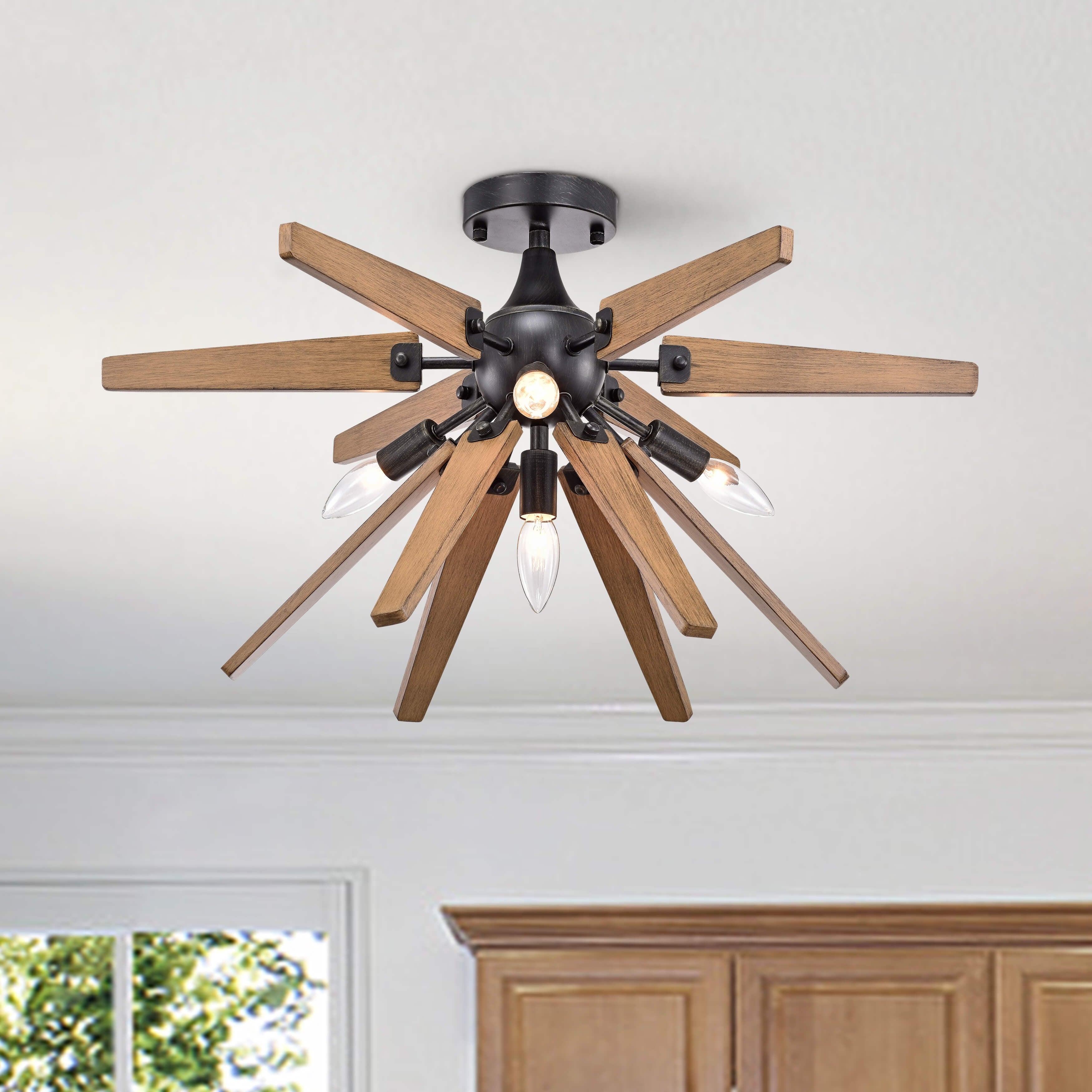 Bernice 4 Light Antique Black Finish Sputnik Natural Wood Flush Mount